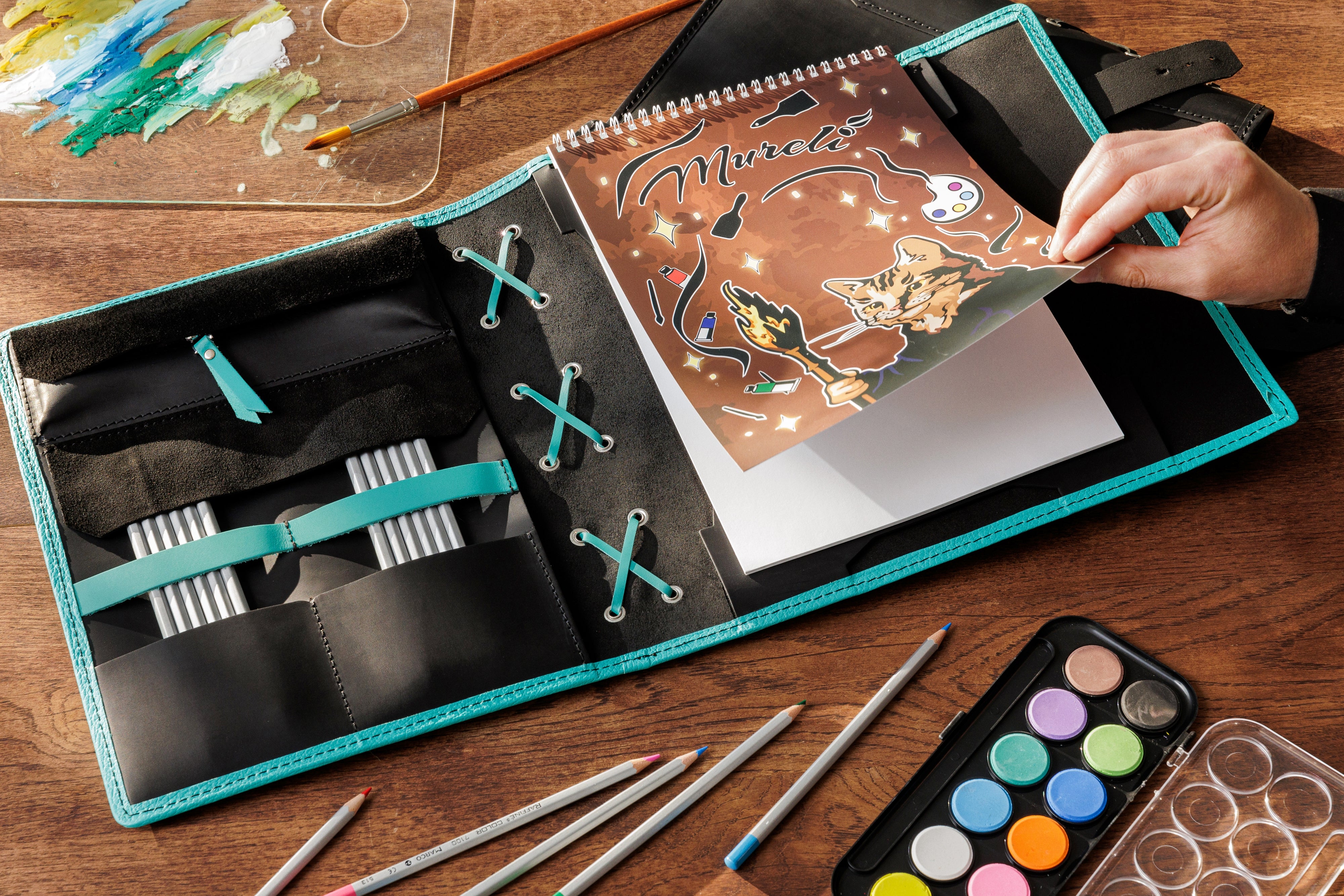 Personalized Leather La Vita Sketchbook — Black & Mint Edition  | A4/9×12 – Personalized Artist Gift by Mureli