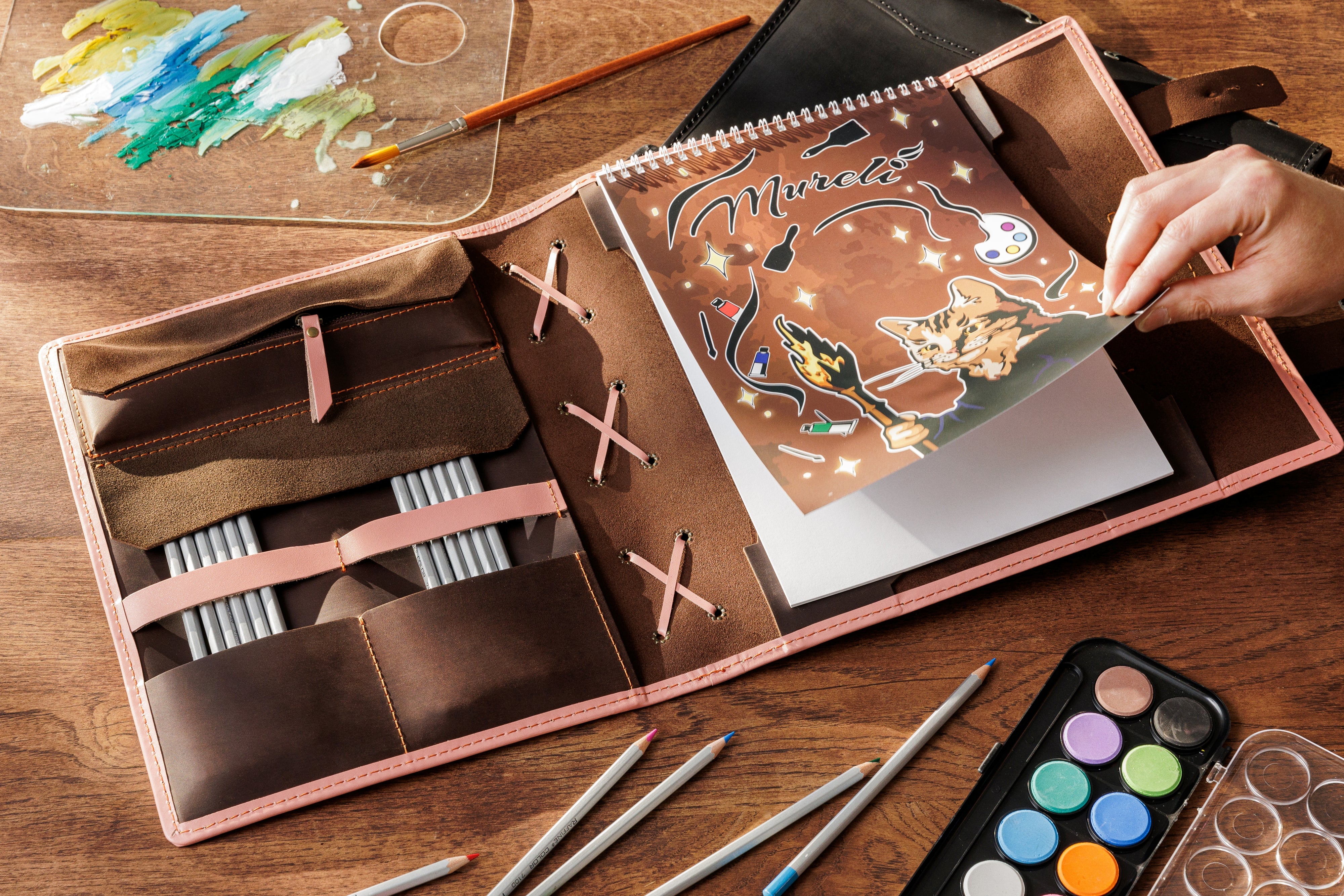 Personalized Brown & Pink Leather Sketchbook A4/9×12 – Personalized Artist Gift by Mureli