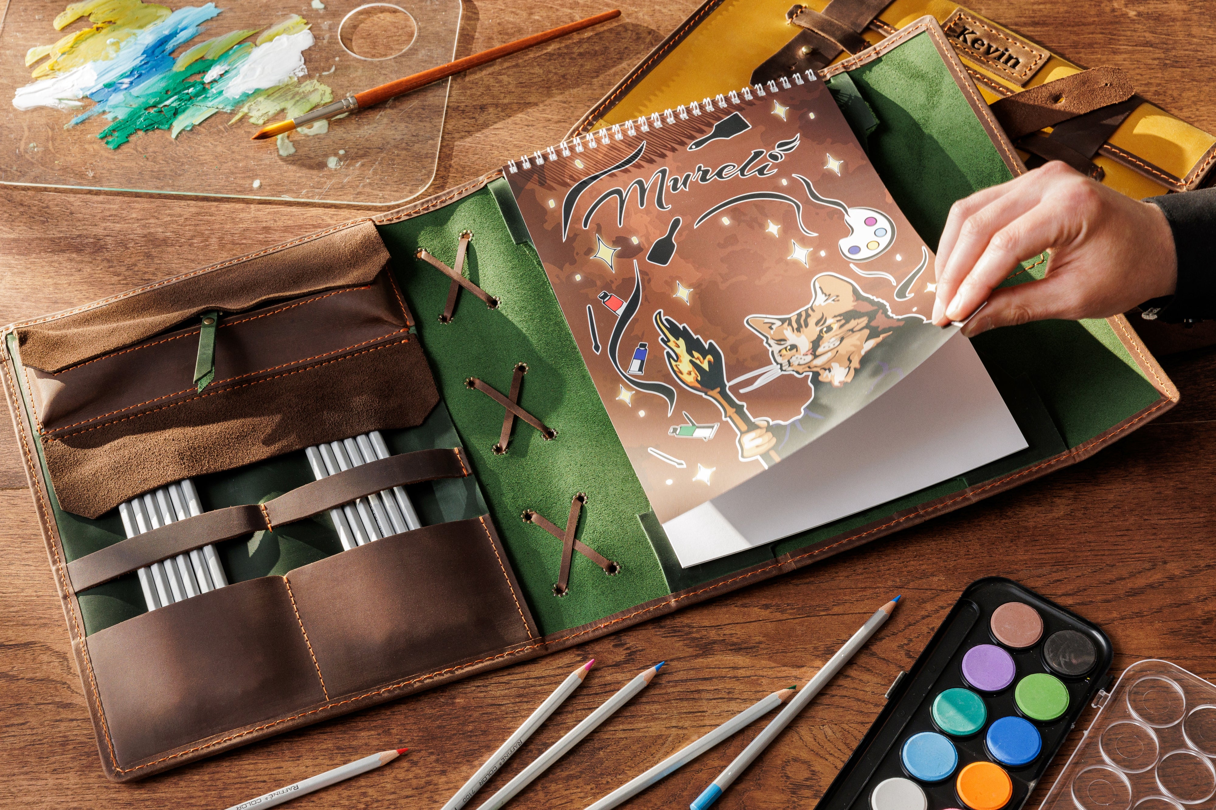 Personalized green Crazy Horse leather sketchbook with rustic stitching — refillable organizer for artists by Mureli