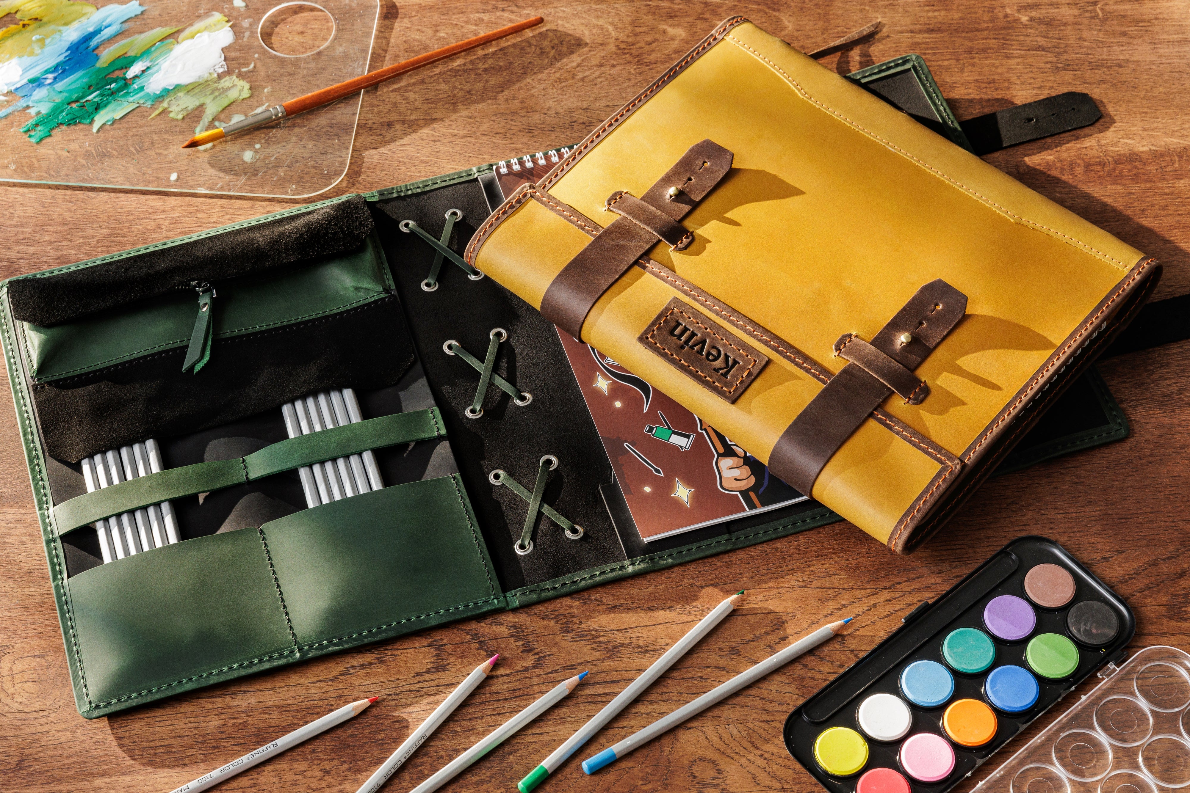 Handcrafted refillable leather sketchbook with colored pencils and watercolor artwork – Mureli art organizer