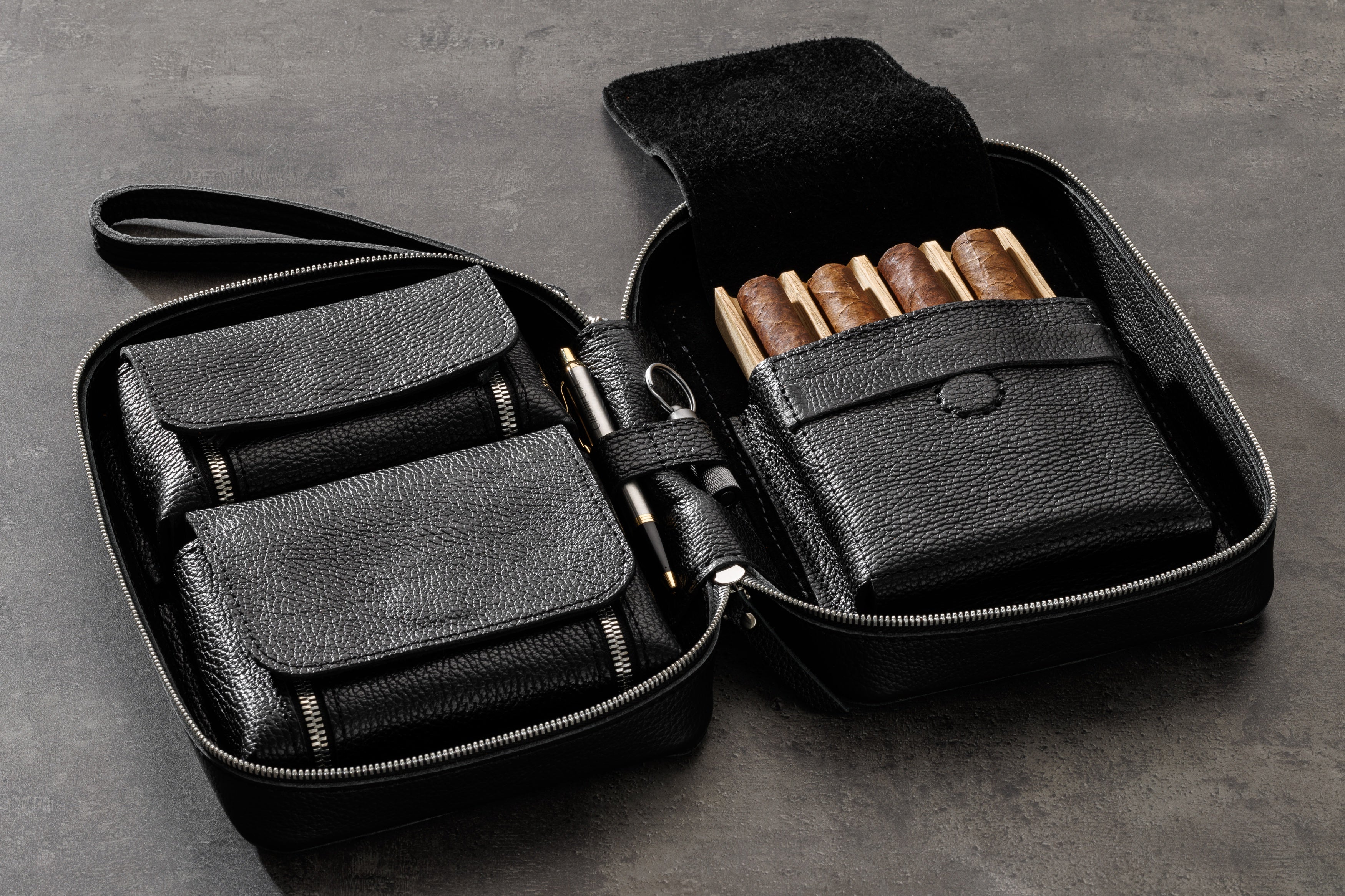 Zippered Black Leather Cigar Case | Handmade Cigar Travel Organizer with Oak Interior