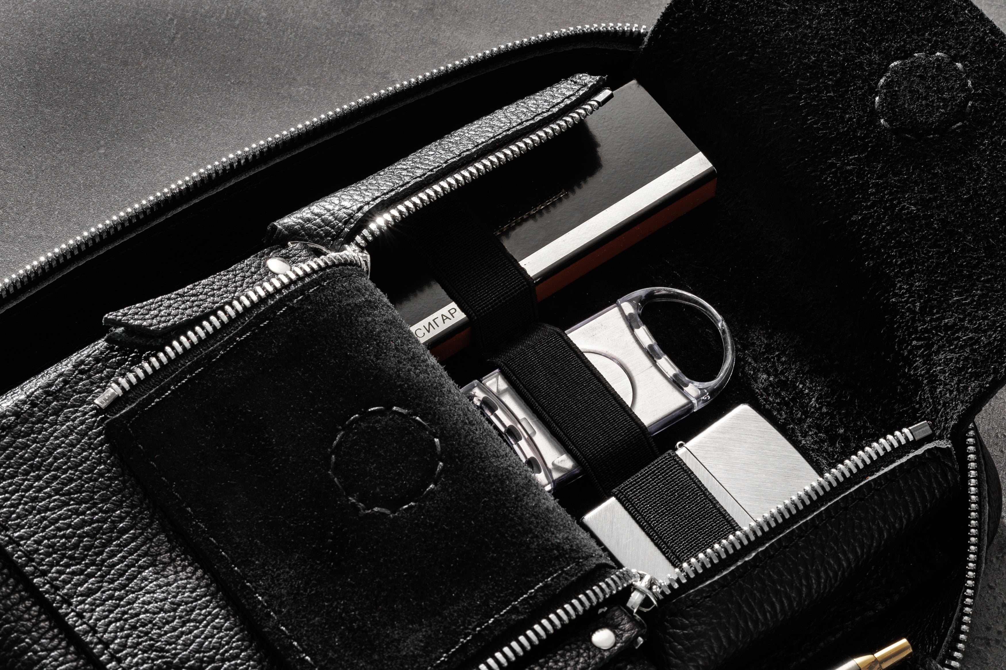 Black Leather Cigar Case with Zipper | Travel Cigar Holder with Oak Tray | Premium Gift for Hi