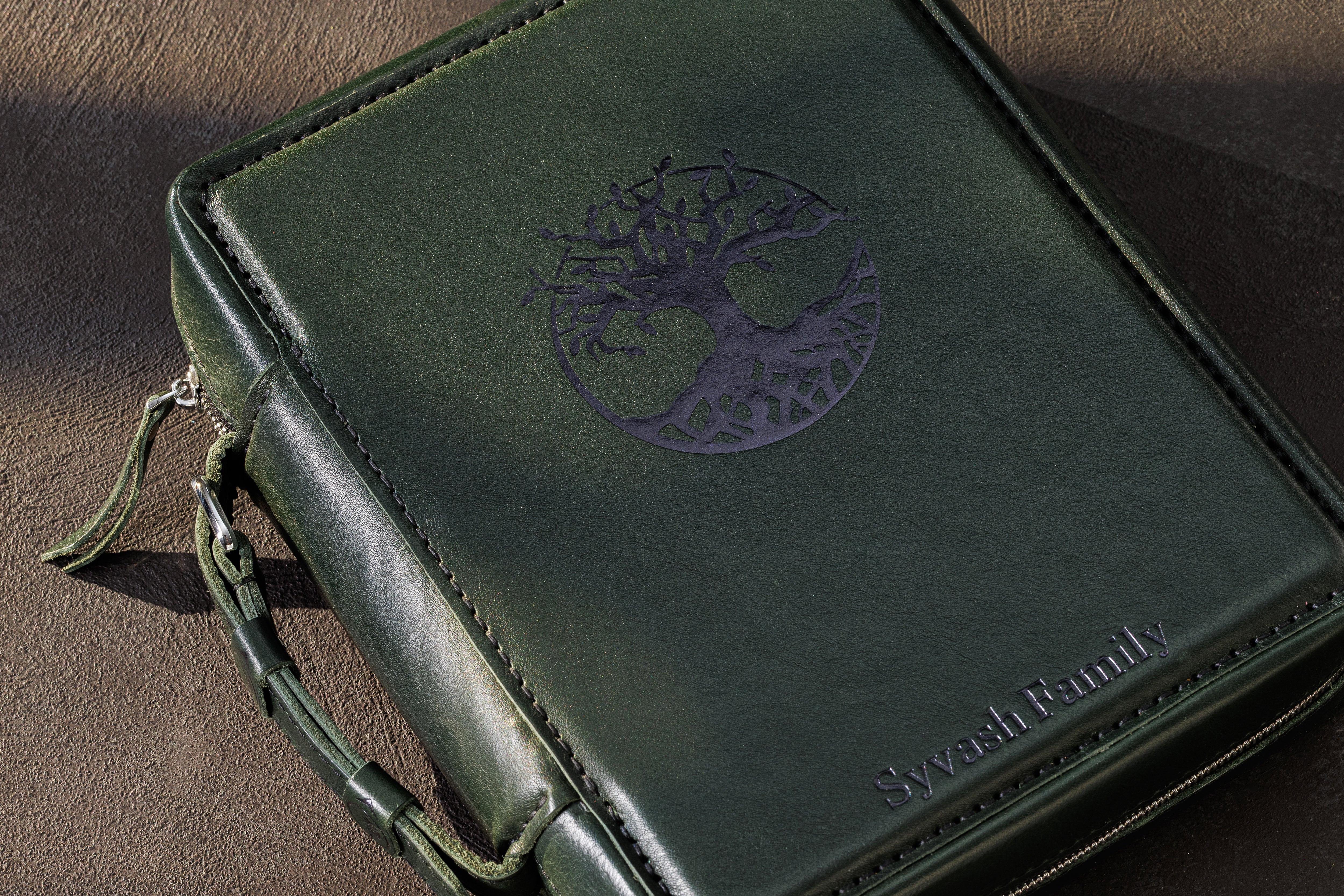 Personalized dark green leather money organizer with Tree of Life design and custom family name