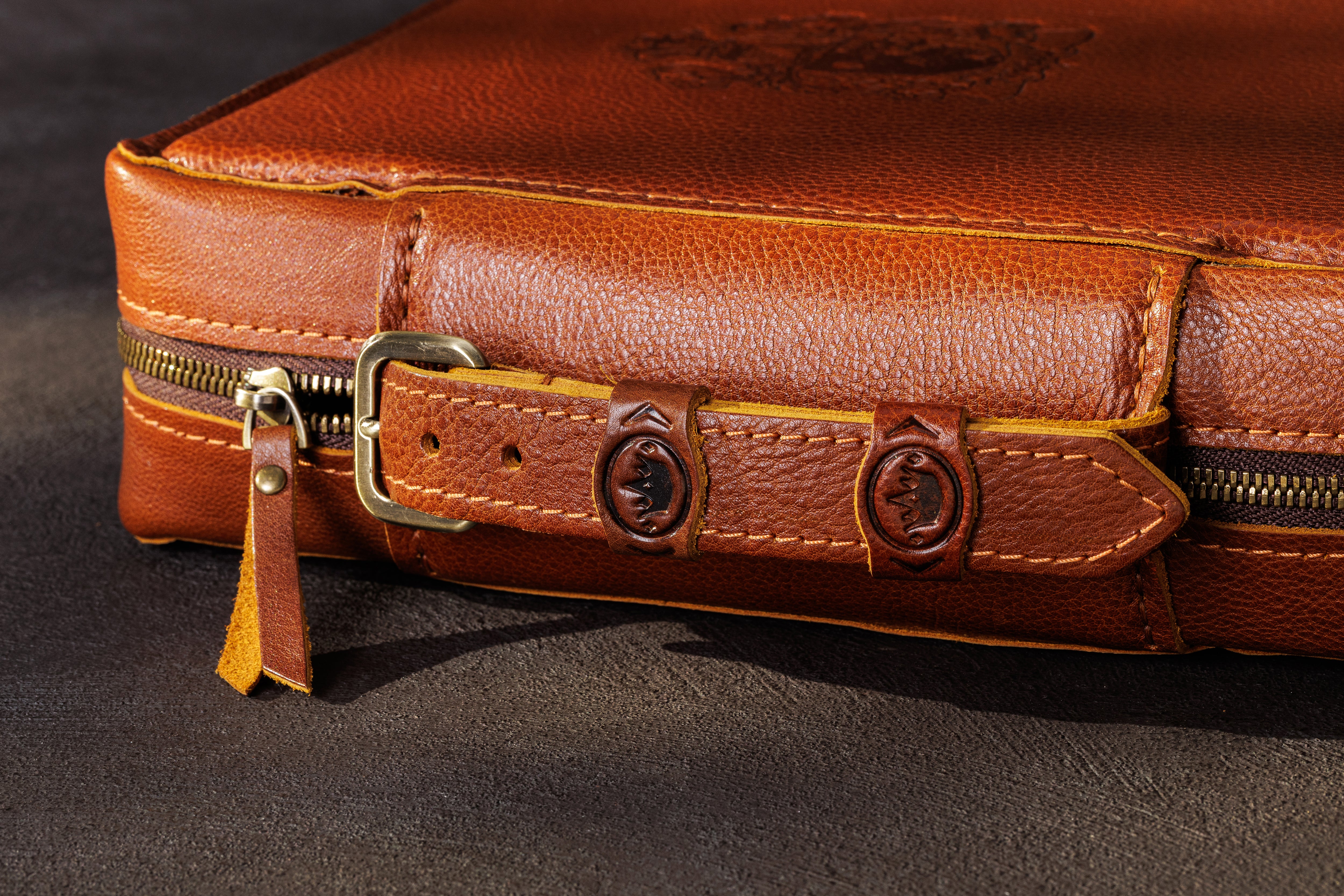 Close-up of leather carrying handle and antique metal zipper on camel cash organizer case