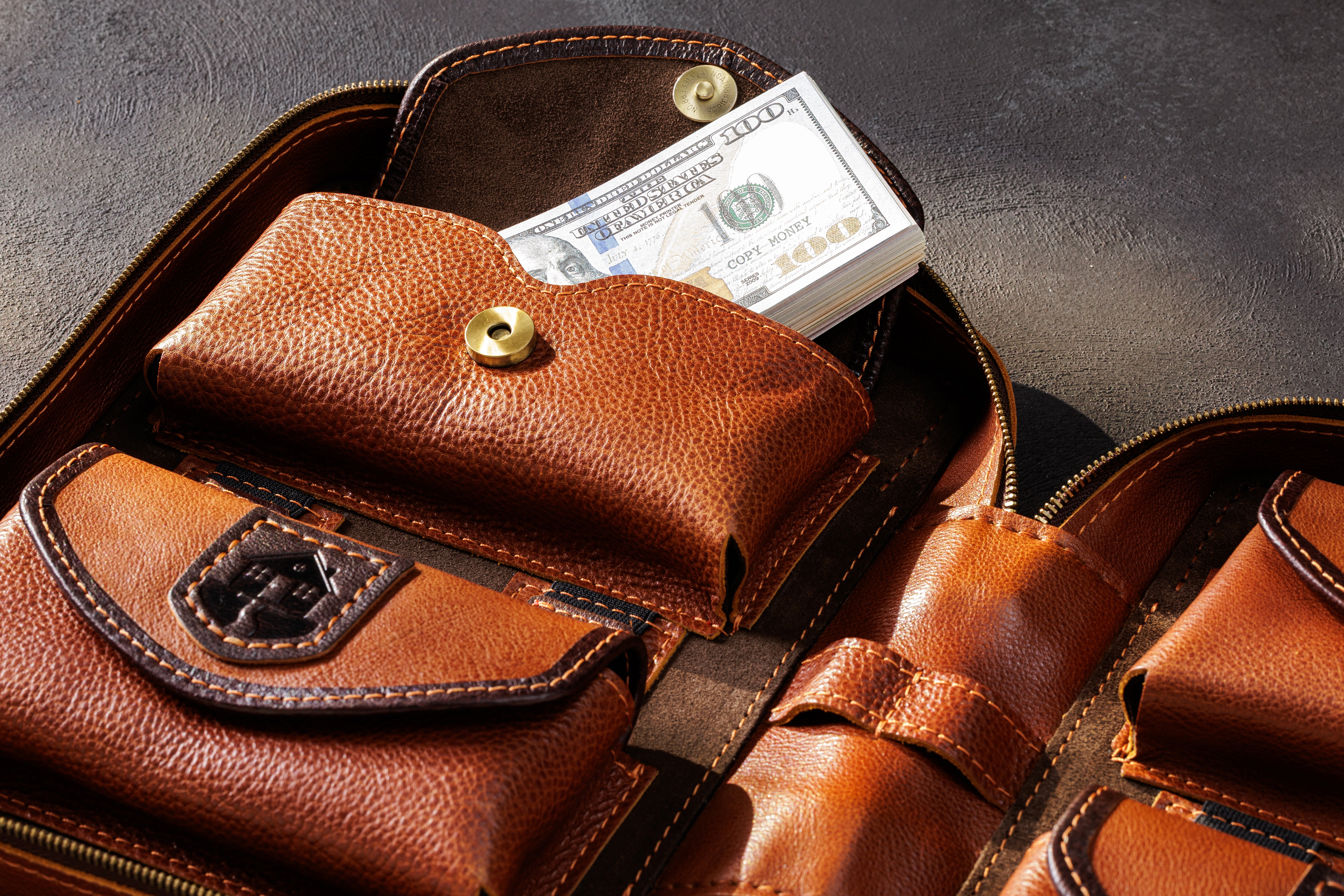 Camel leather cash organizer pocket holding US dollar bills inside a multi-compartment money storage case