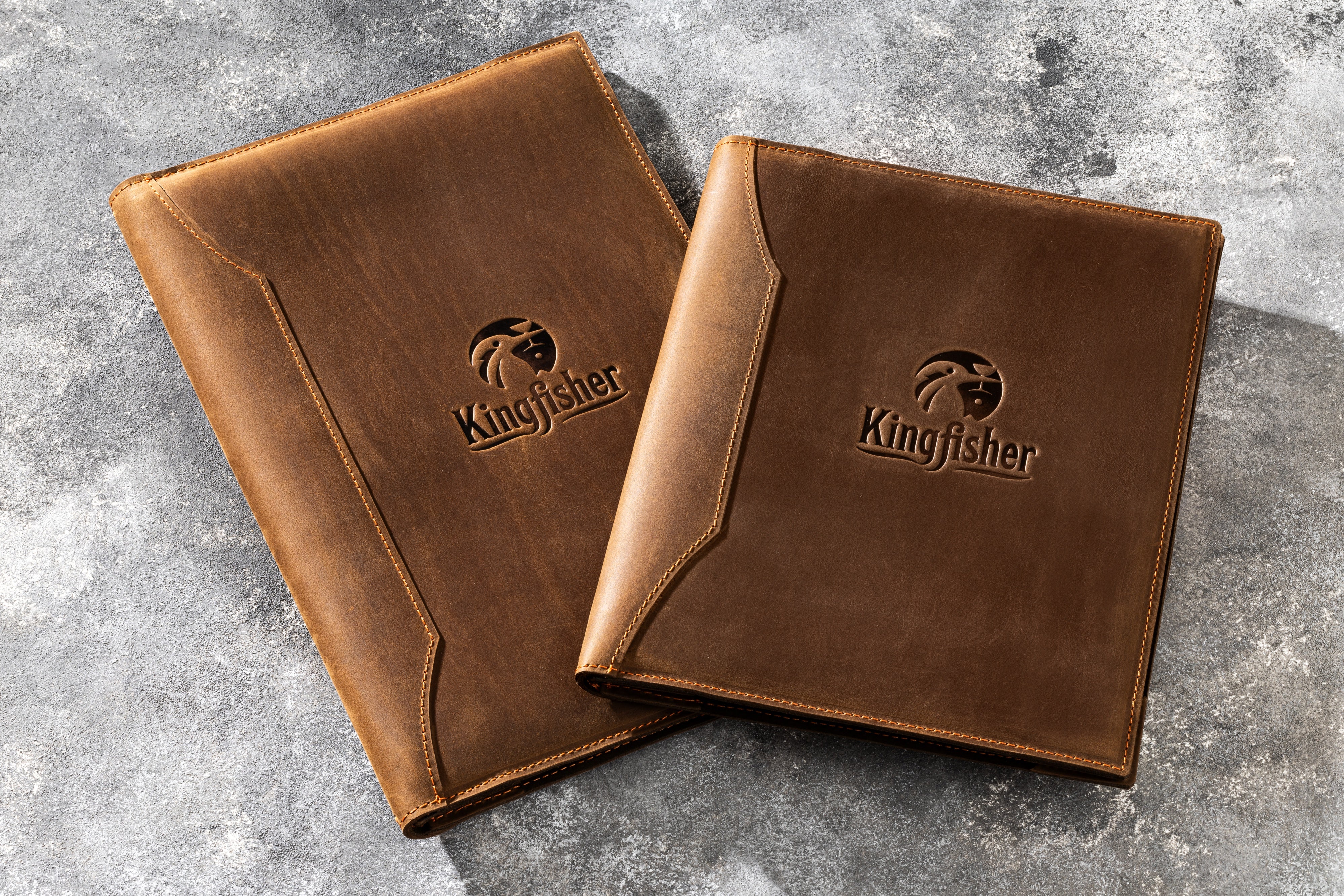 Brown Handmade Leather Menu Covers with 4 Corner Page Holders, Premium Quality, Available in 8.5 x 5.5, A5, 8.5 x 11, A4, 8.5 x 14