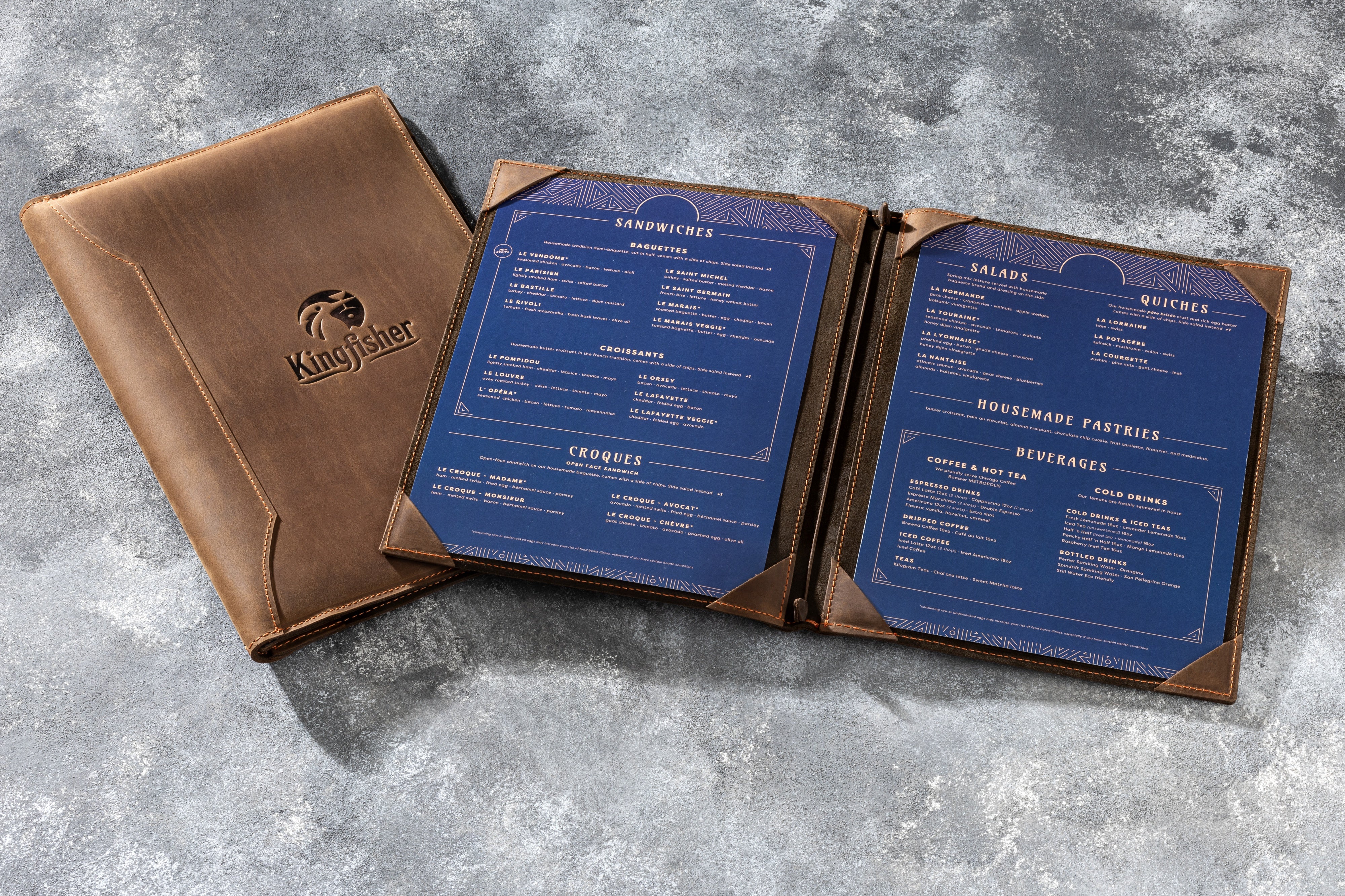 Brown Handmade Leather Menu Covers with 4 Corner Page Holders, Premium Quality, Available in 8.5 x 5.5, A5, 8.5 x 11, A4, 8.5 x 14