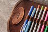 Set of colorful pens in a brown leather case with 'NVP' branding.
