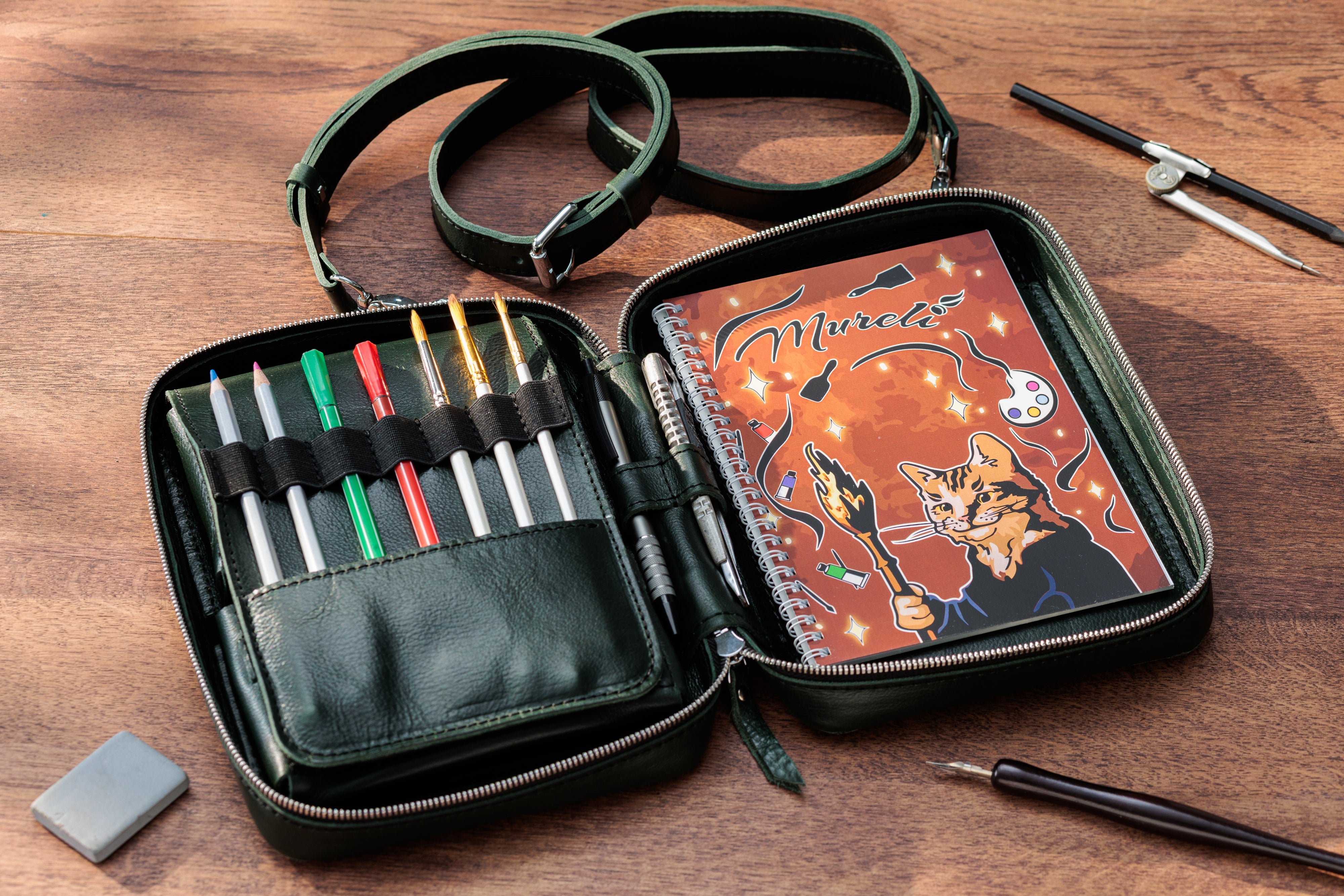 Handmade Leather Art Bag with Brush Holders | Personalized Artist