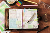 Empty leather organizer with butterfly clasp and compartments.