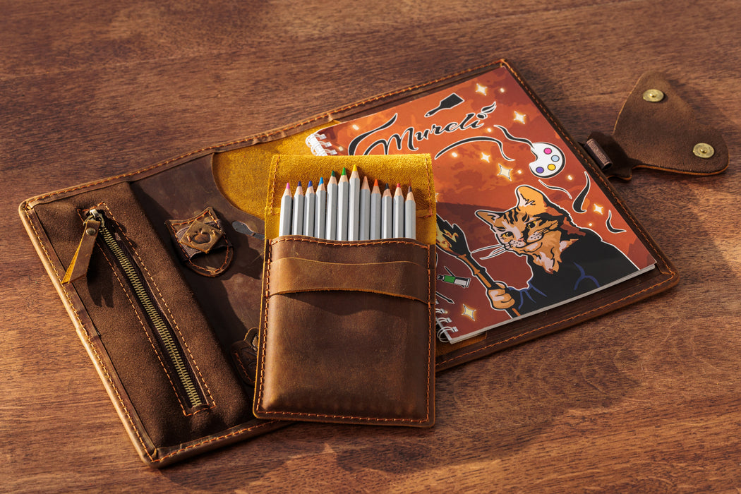 Leather Artist Organizer Set with Butterfly Closure – Sketchbook with Pencils – Personalized Drawing Journal for Creative Kids and Adults
