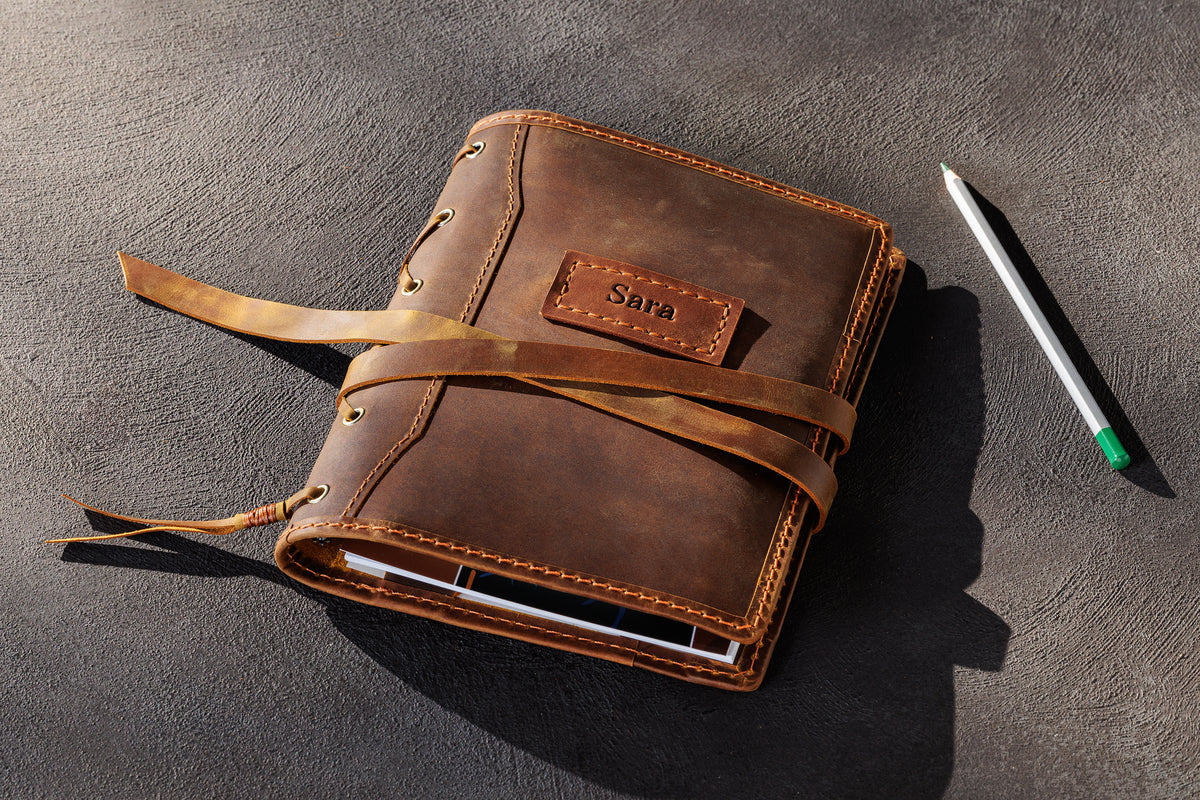 Compact personalized Chestnut leather A5 journal cover with wrap strap