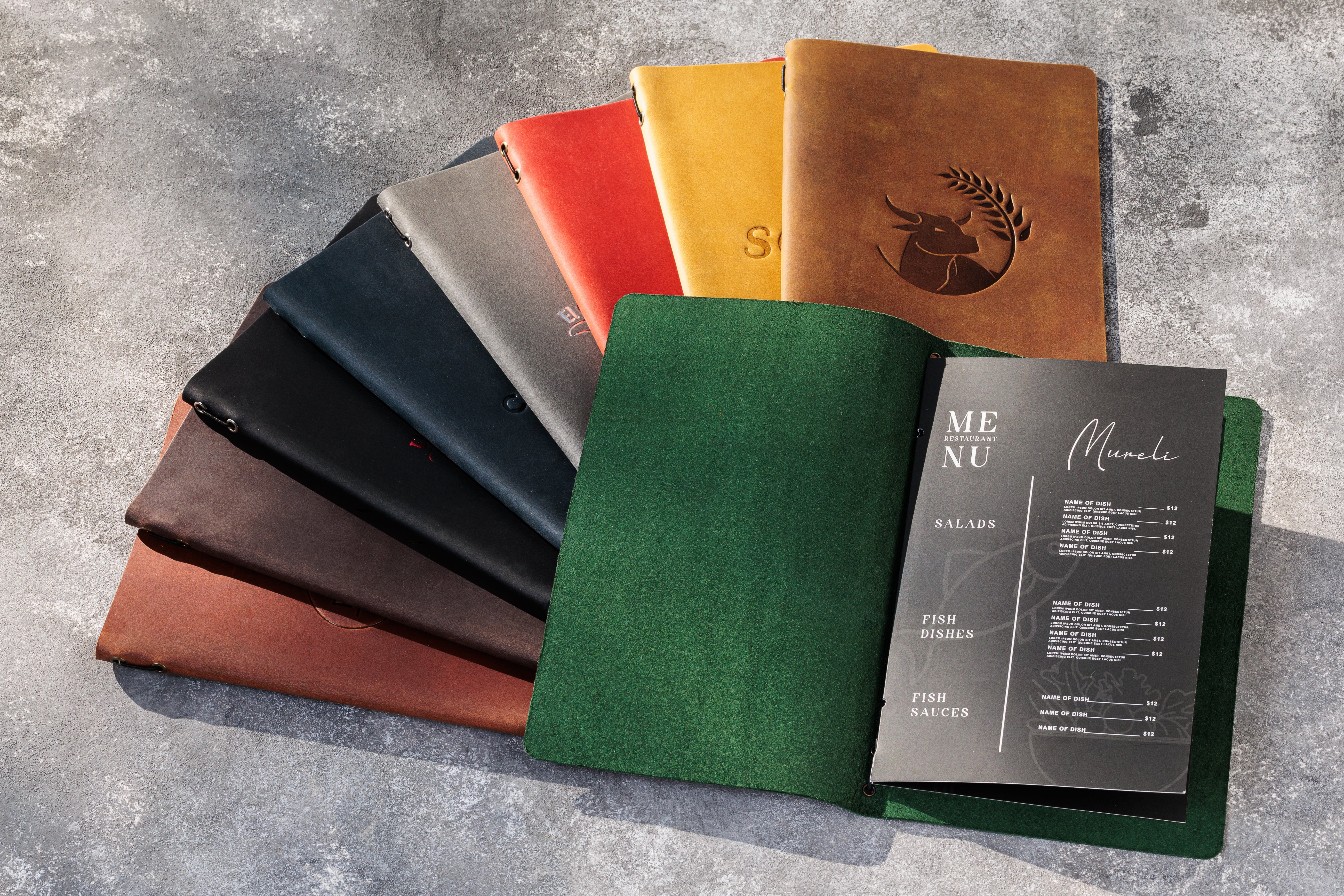 Green Leather Menu Folder with Logo | String-Bound Menu Cover