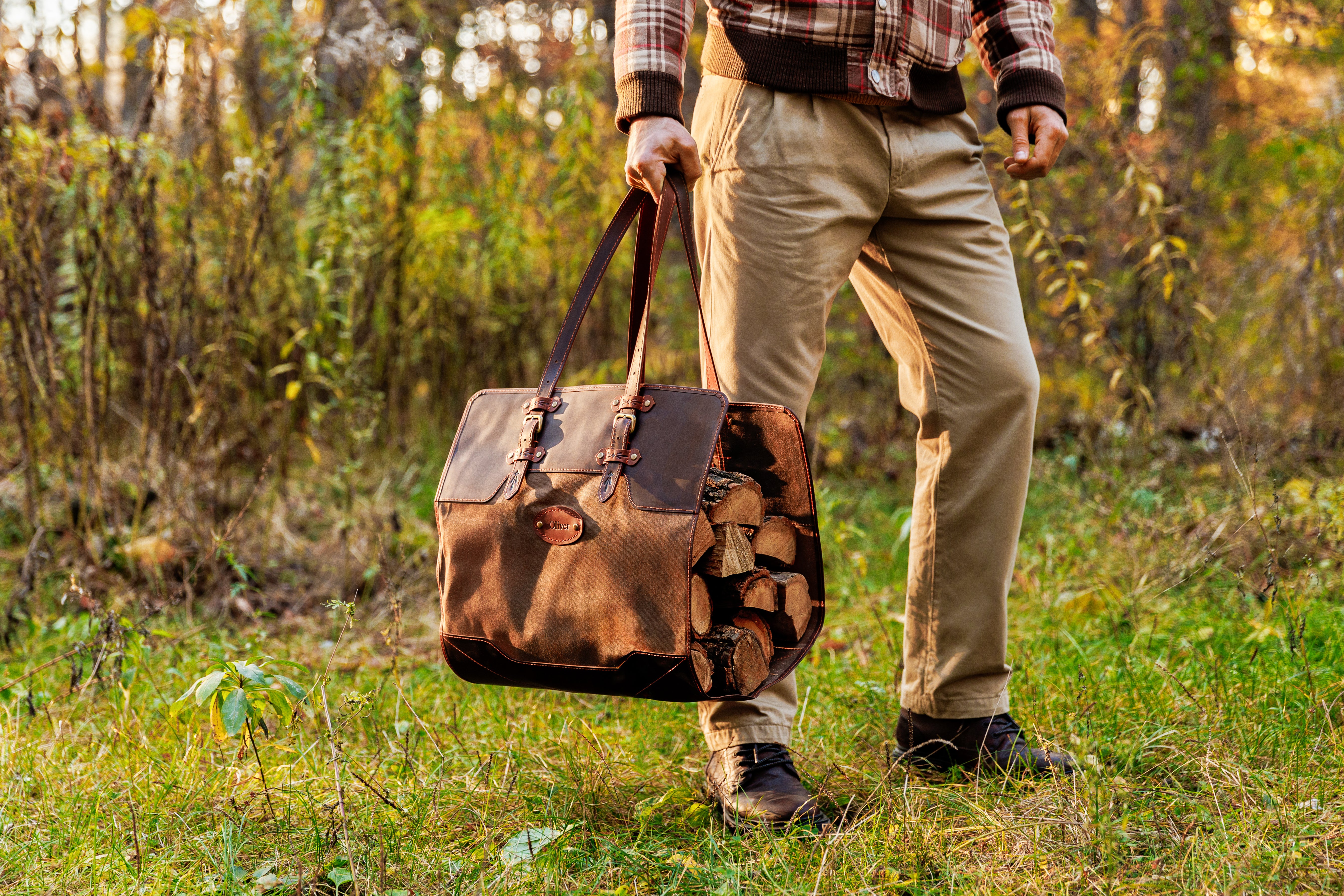 Leather Firewood Carrier Tote – Rustic Log Bag with Bear Design & Personalized Tag for Fireplace, Camping & Outdoor Use