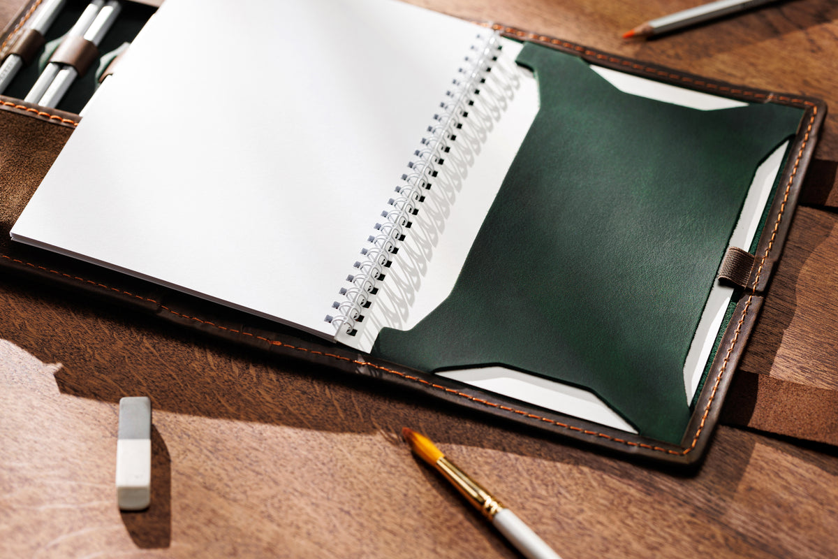 Olive Green & Brown Leather Sketchbook Organizer for A5 & 8.5 x 5.5 Notebook, Double Strap Closure