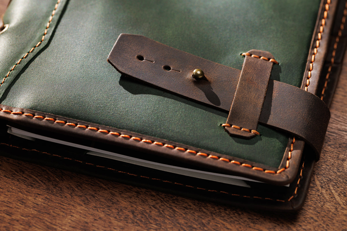 Close-up of brown double strap closure on olive green leather sketchbook organizer