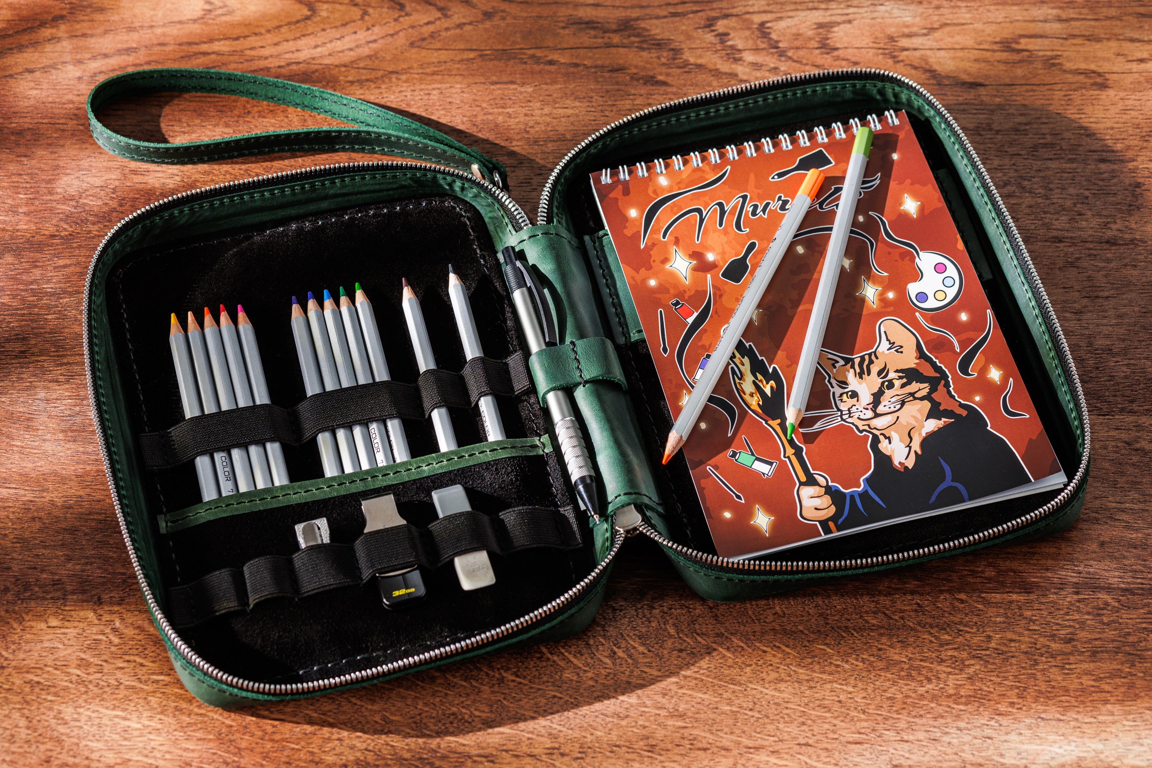 Green Leather Artist Organizer | Sketchbook Travel Case with