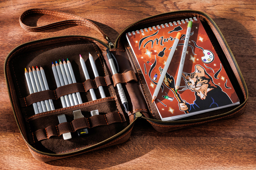 Chocolate Brown Leather Sketchbook Organizer | Artist Travel Case with Pencils | Creative Gift for Drawing Lovers
