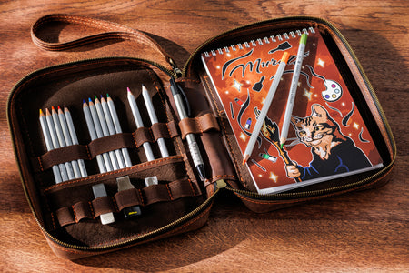 Chocolate Brown Leather Sketchbook Organizer | Artist Travel Case with Pencils | Creative Gift for Drawing Lovers