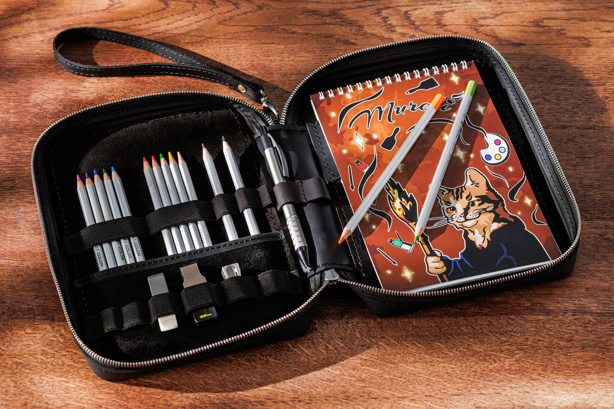 Black Leather Artist Organizer | Drawing Case with Sketchbook & Pencil ...