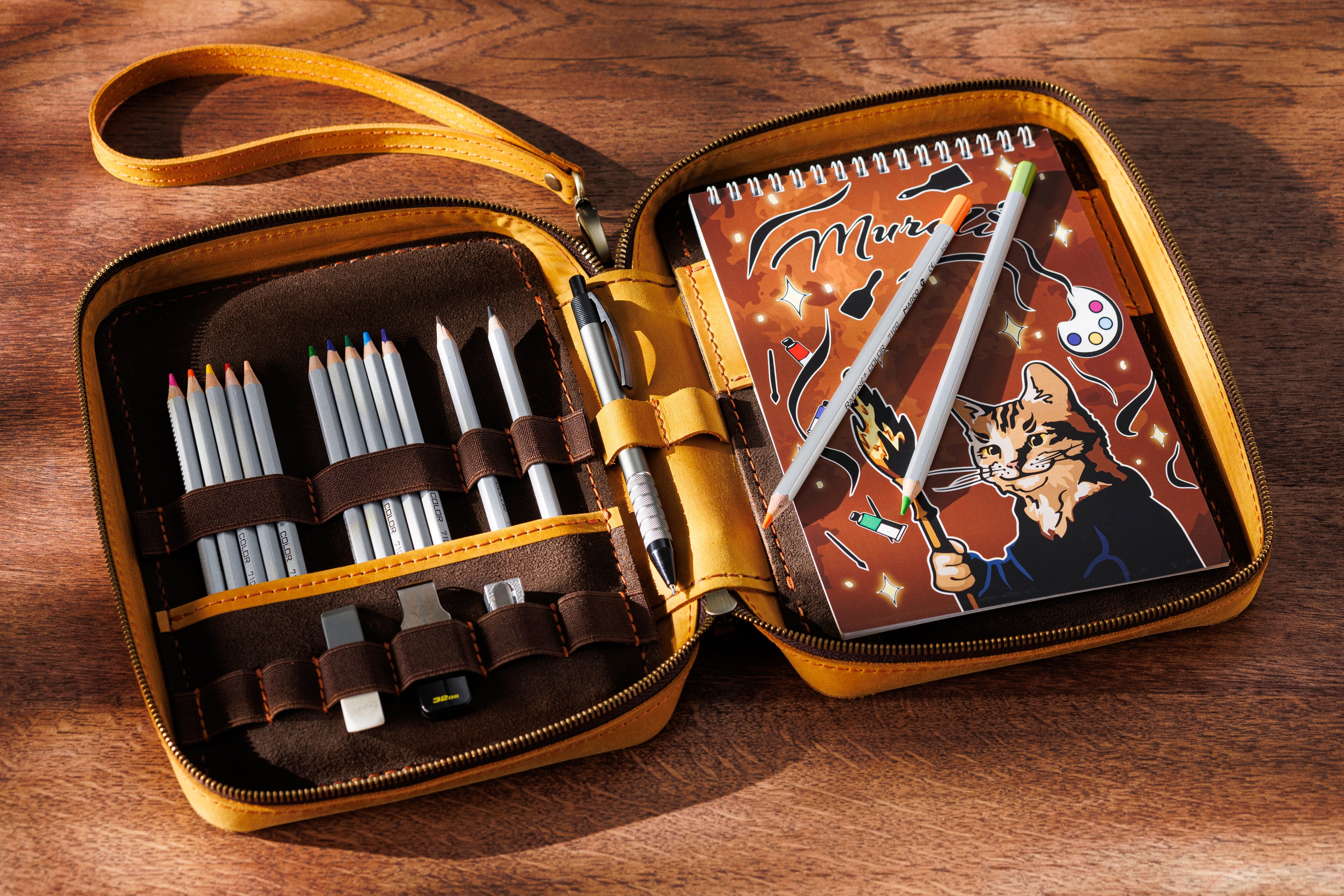 Handmade Honey Brown Leather Art Kit | Travel Organizer for Sketching Lovers | Mureli Gift