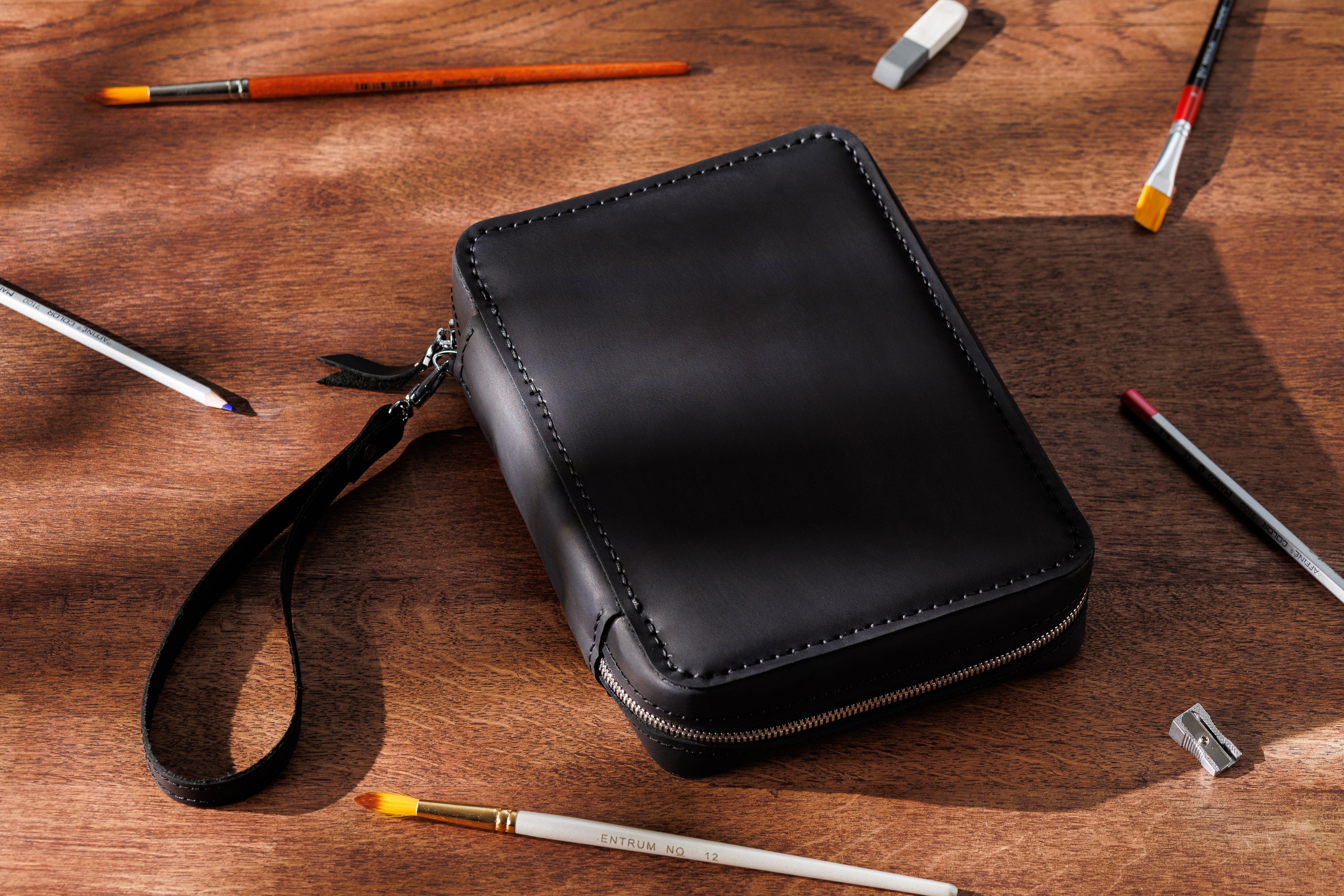 Luxury Black Leather Art Case | Travel Organizer with Handle | Artist Gift for Him or Her
