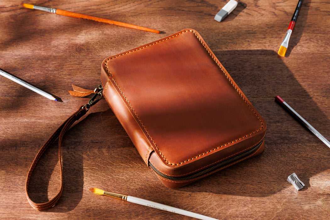 Warm Cognac Leather Artist Case | Handcrafted Art Supply Organizer | Timeless Gift by Mureli