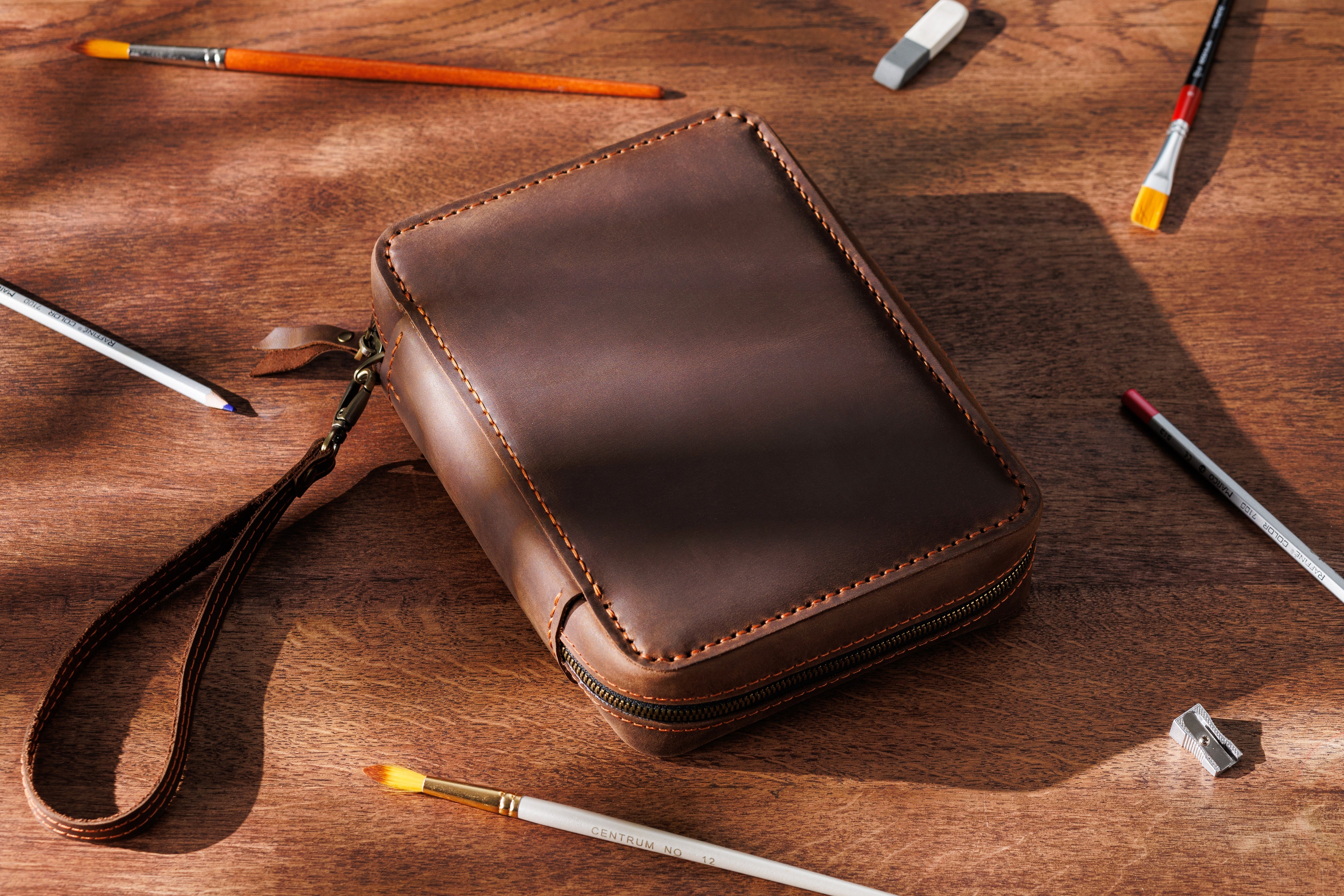 Chocolate Leather Art Organizer | Handmade Artist Kit with Sketchbook | Great Gift for Creative Souls | Mureli Studio