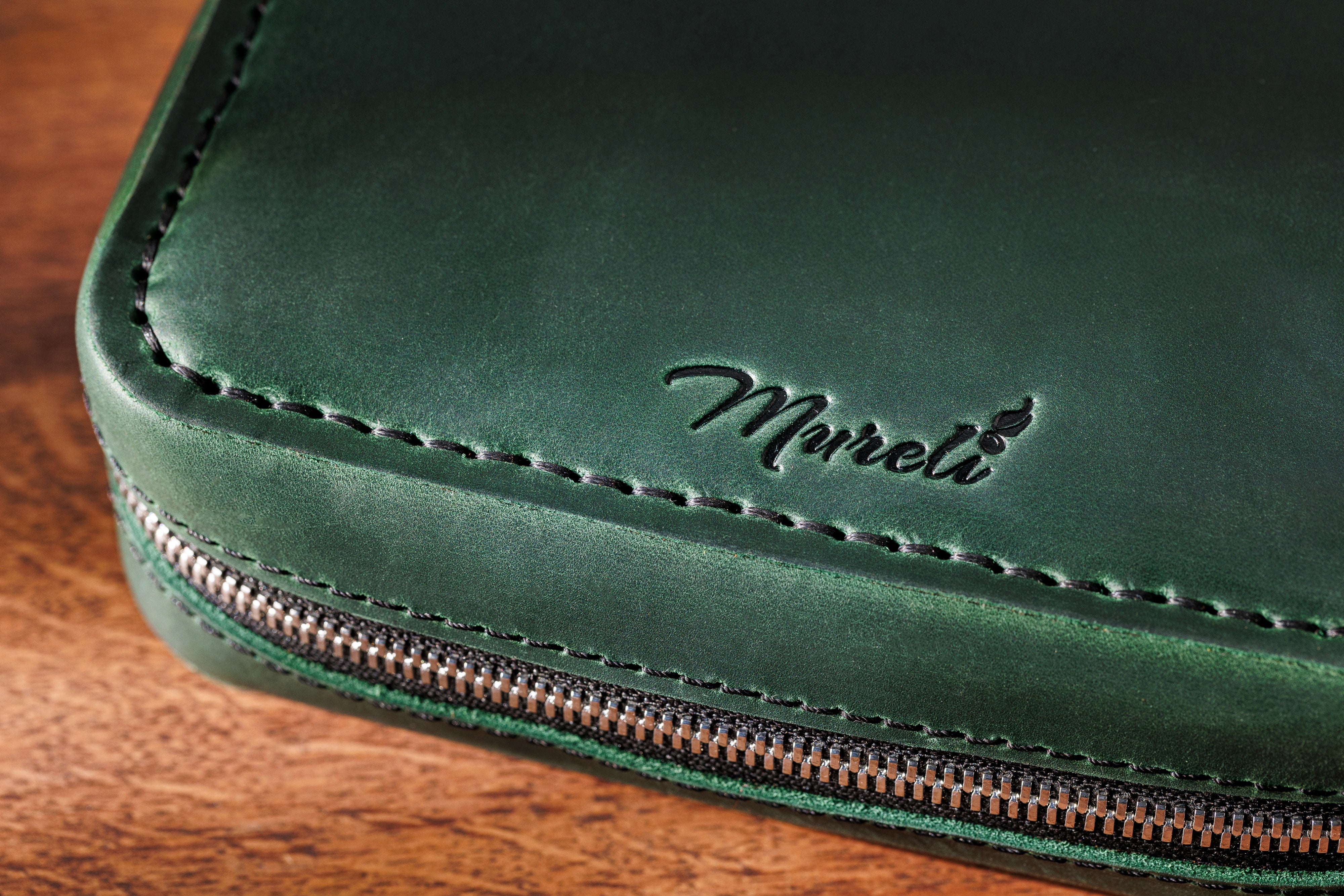 Elegant Green Leather Art Organizer | Handmade Drawing Kit with Personalization Option | Mureli Gift