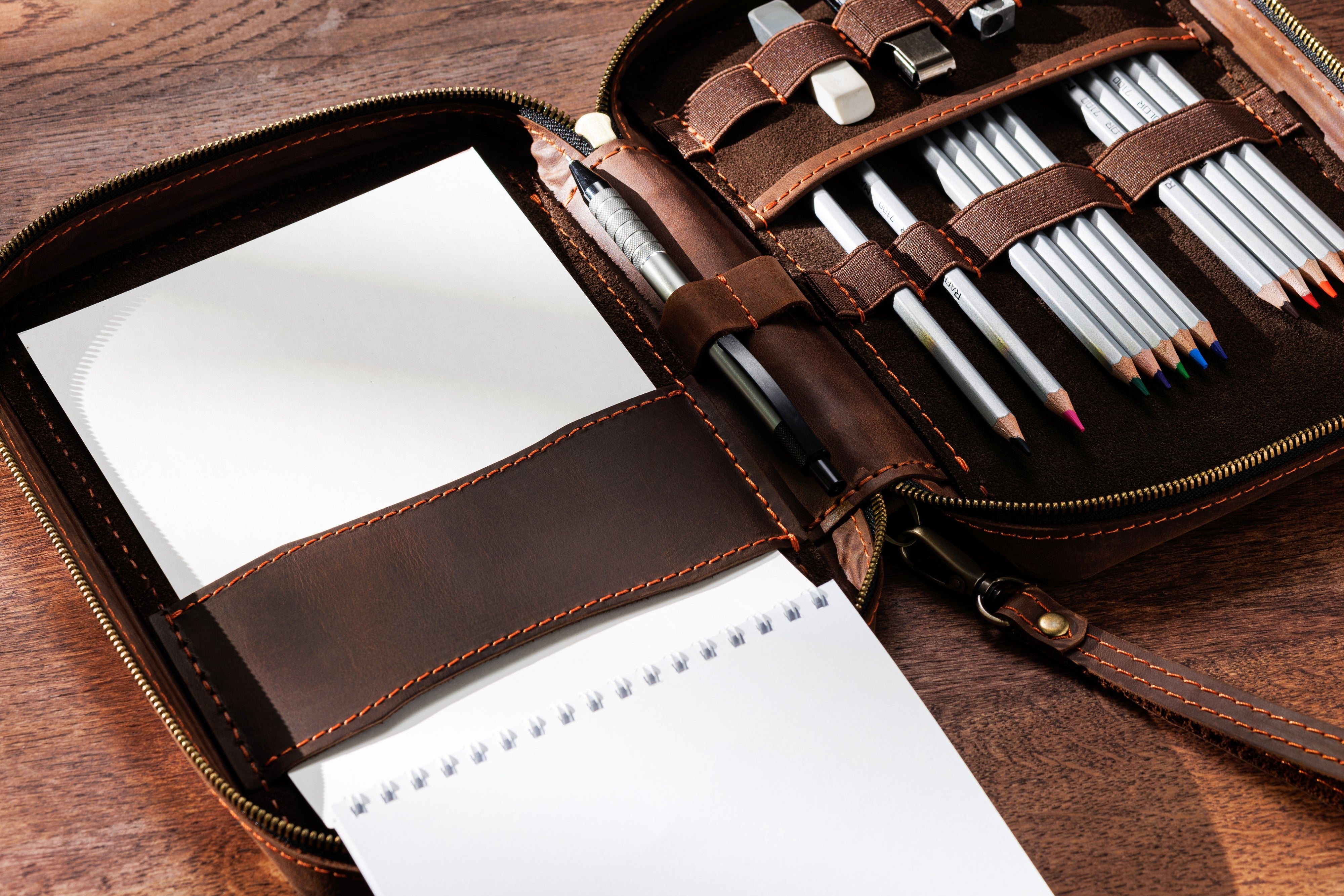 Chocolate Brown Art Organizer | Leather Artist Case with Zipper | Personalized Gift for Sketching Lovers