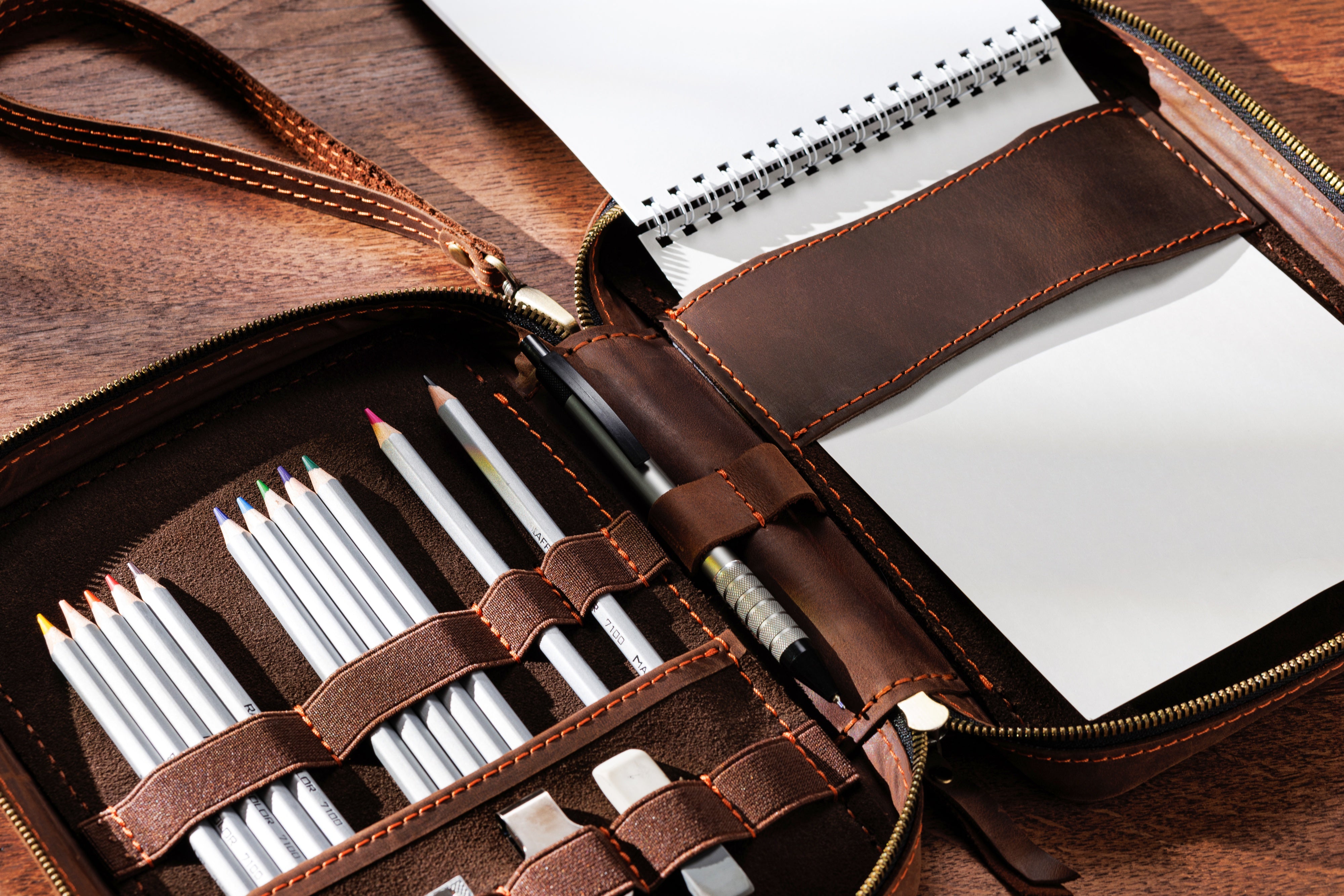 Brown Artist Leather Case | Portable Art Supply Bag with Zipper | Drawing Gift for Adults and Teens | Mureli Workshop
