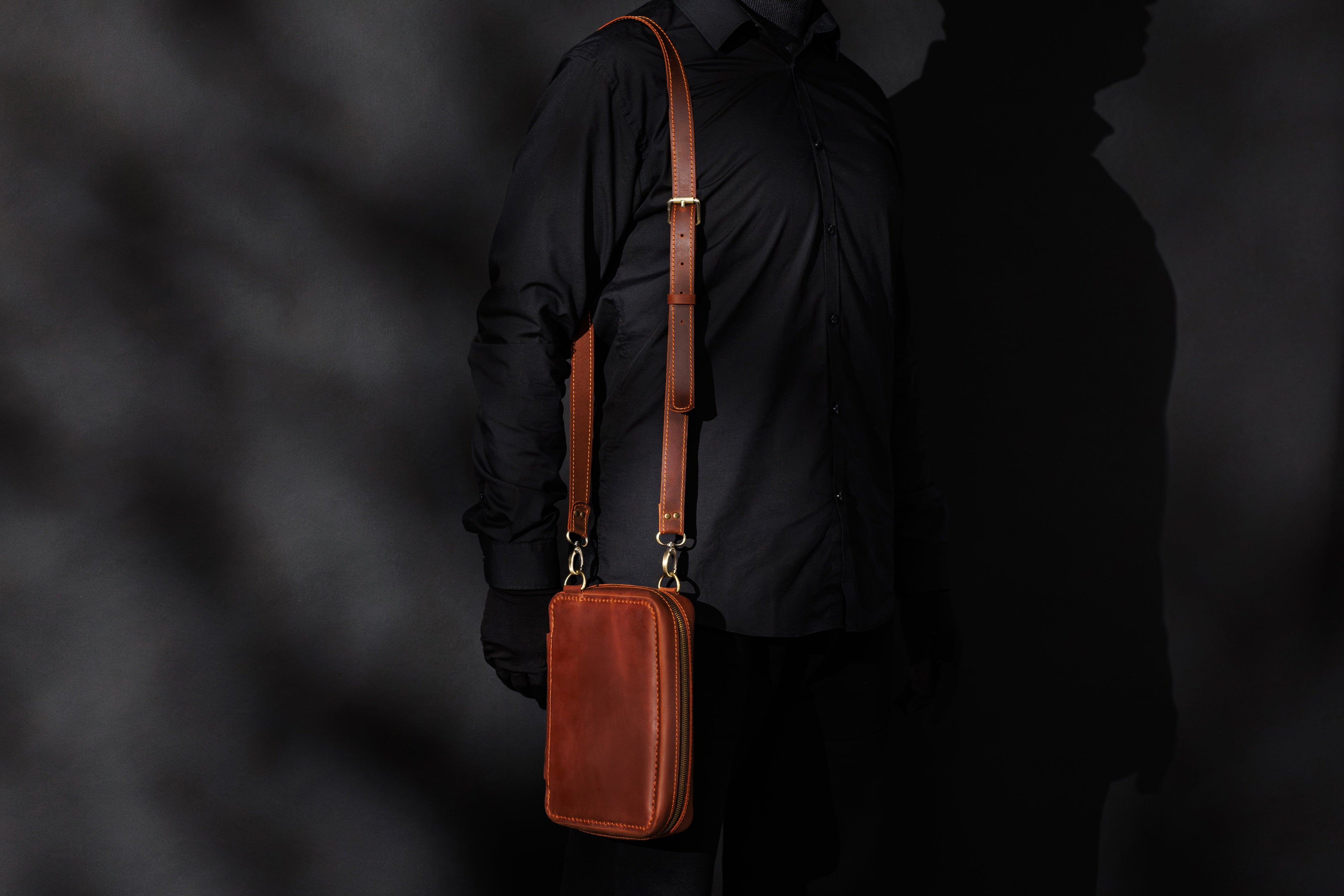 Cognac leather artist case with colored pencils