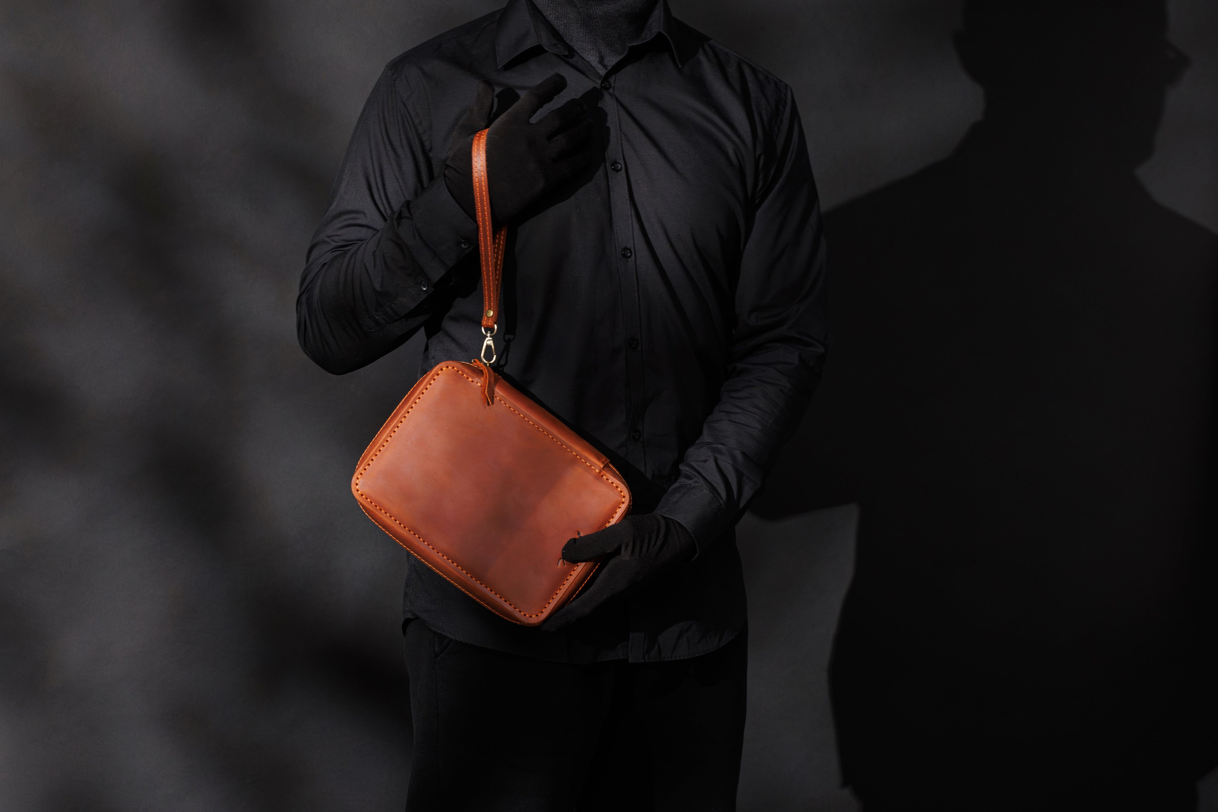 Handmade art organizer in cognac brown leather