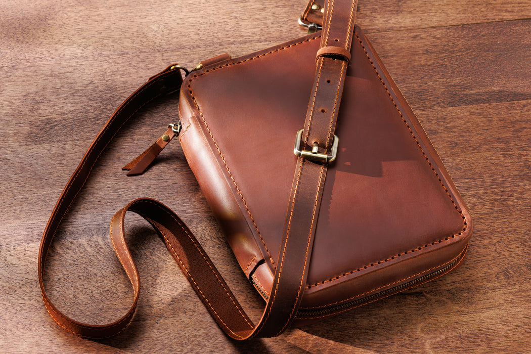 Cognac Brown Leather Sketch Organizer | Travel Art Bag with Handle | Perfect Gift for Designers