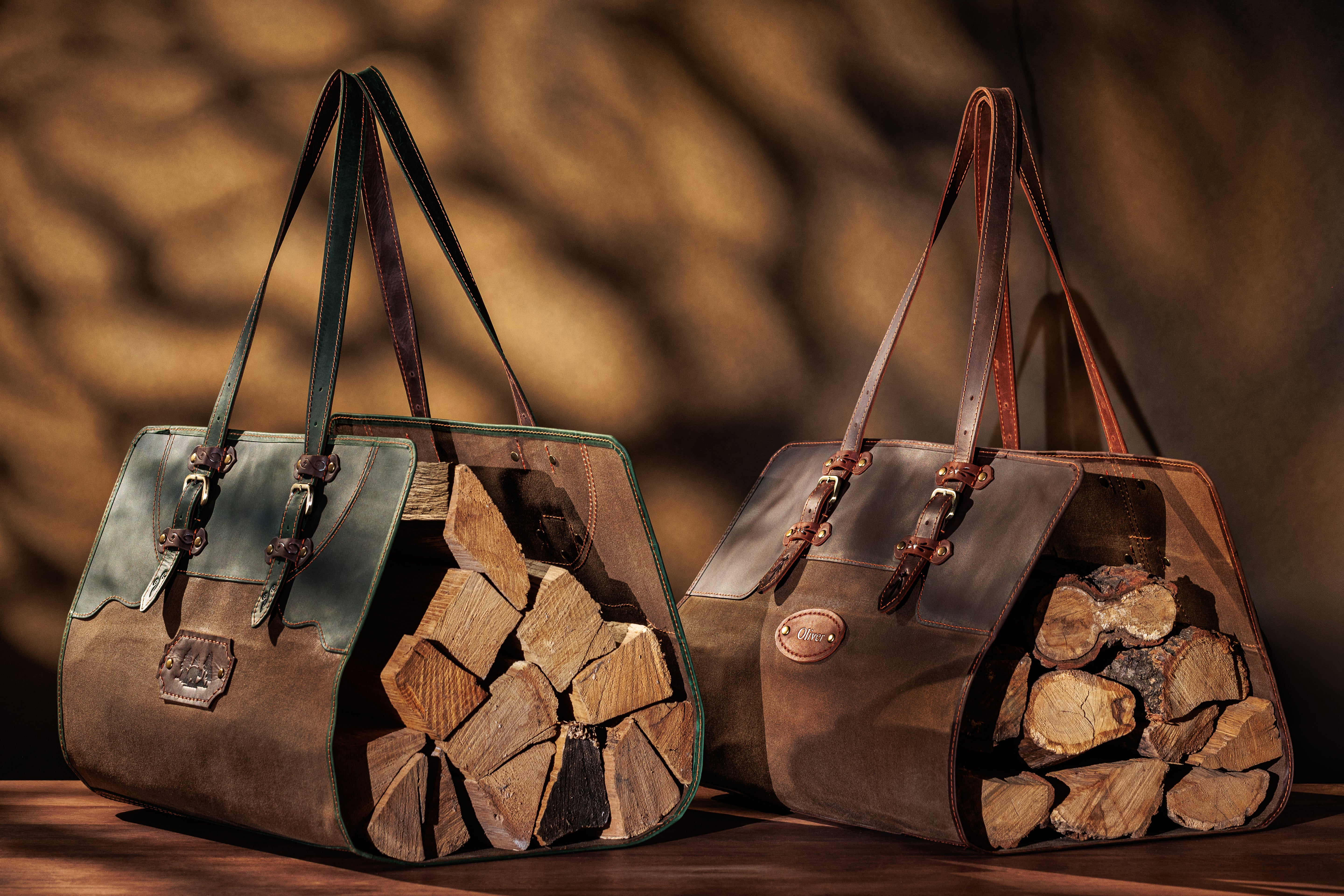 Leather Firewood Carrier Tote – Rustic Log Bag with Bear Design & Personalized Tag for Fireplace, Camping & Outdoor Use