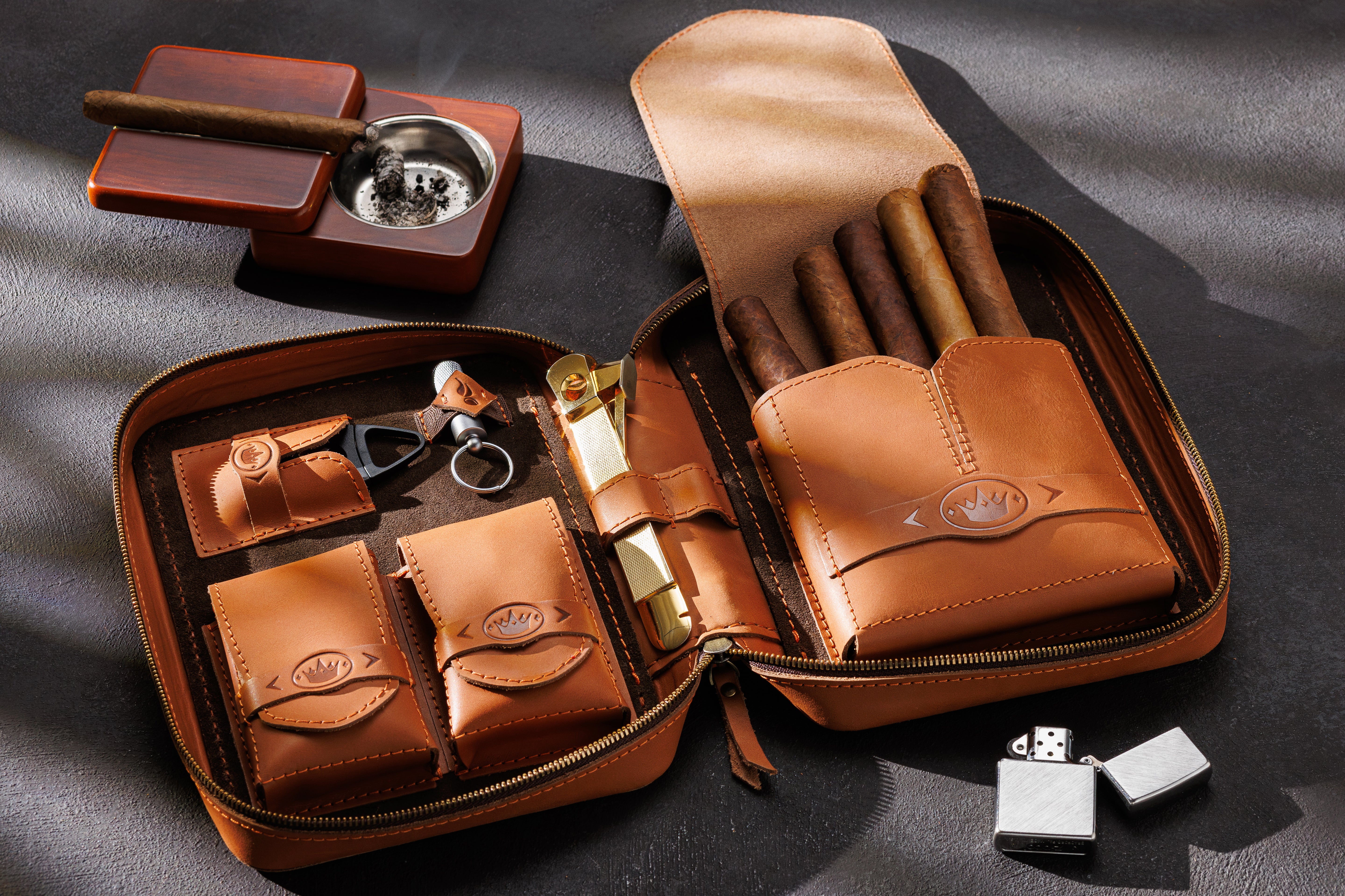 light brown Leather travel cigar case Model from the Secret Brotherhood Collection