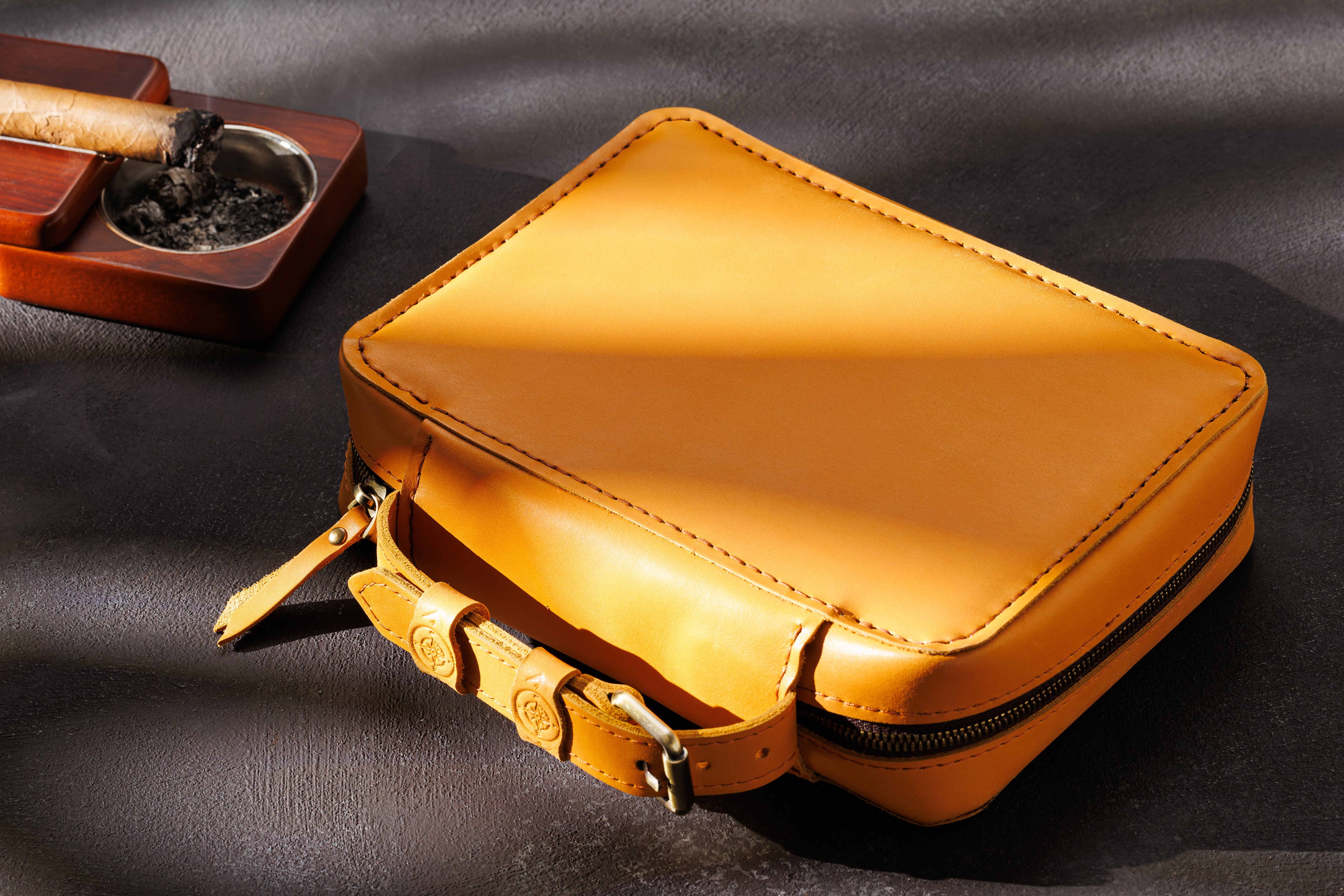 Yellow Leather Travel Cigar Case with unique handle