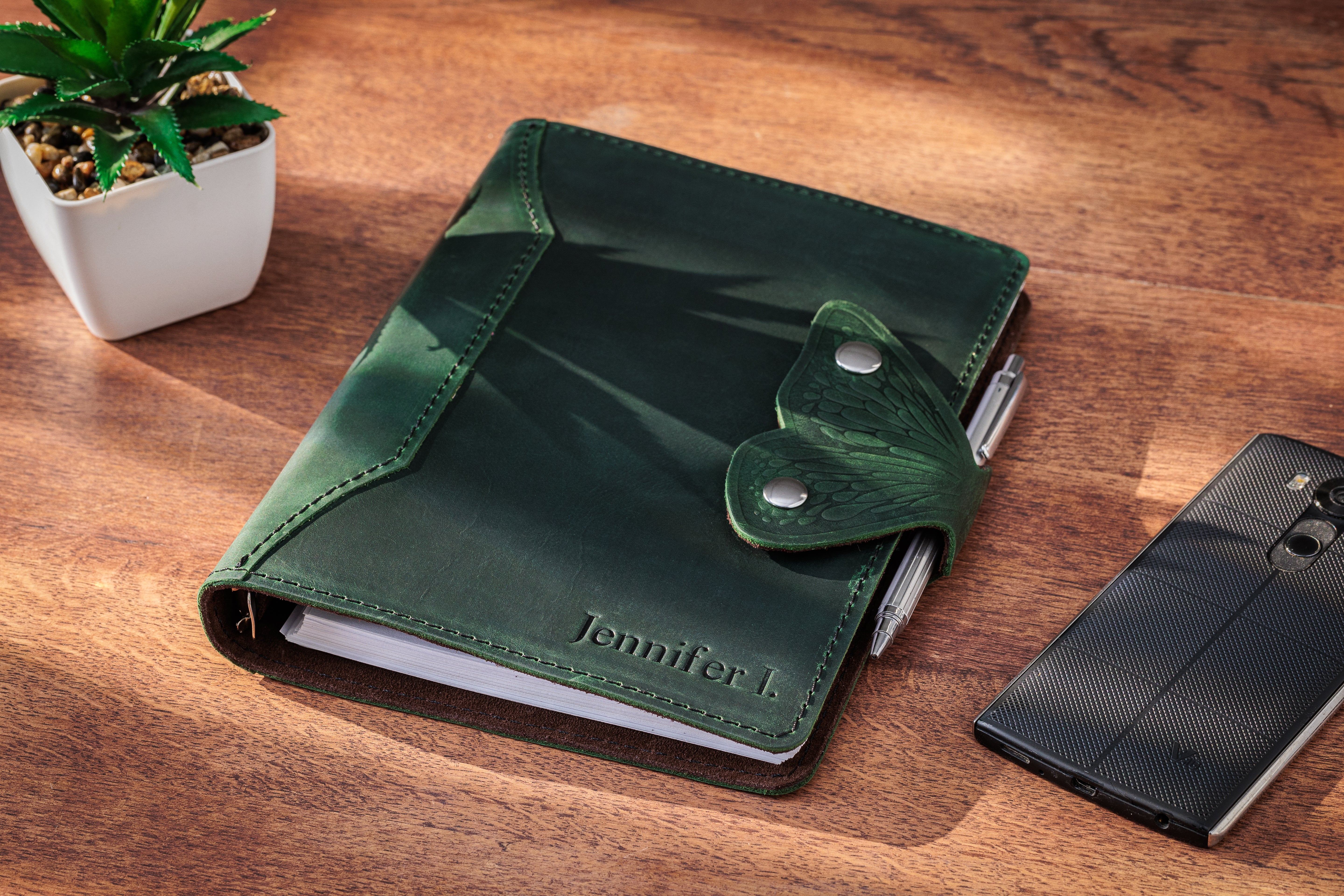green Mureli Personalized Leather Notebook – Butterfly Wing Closure, Custom Name, Message or Logo