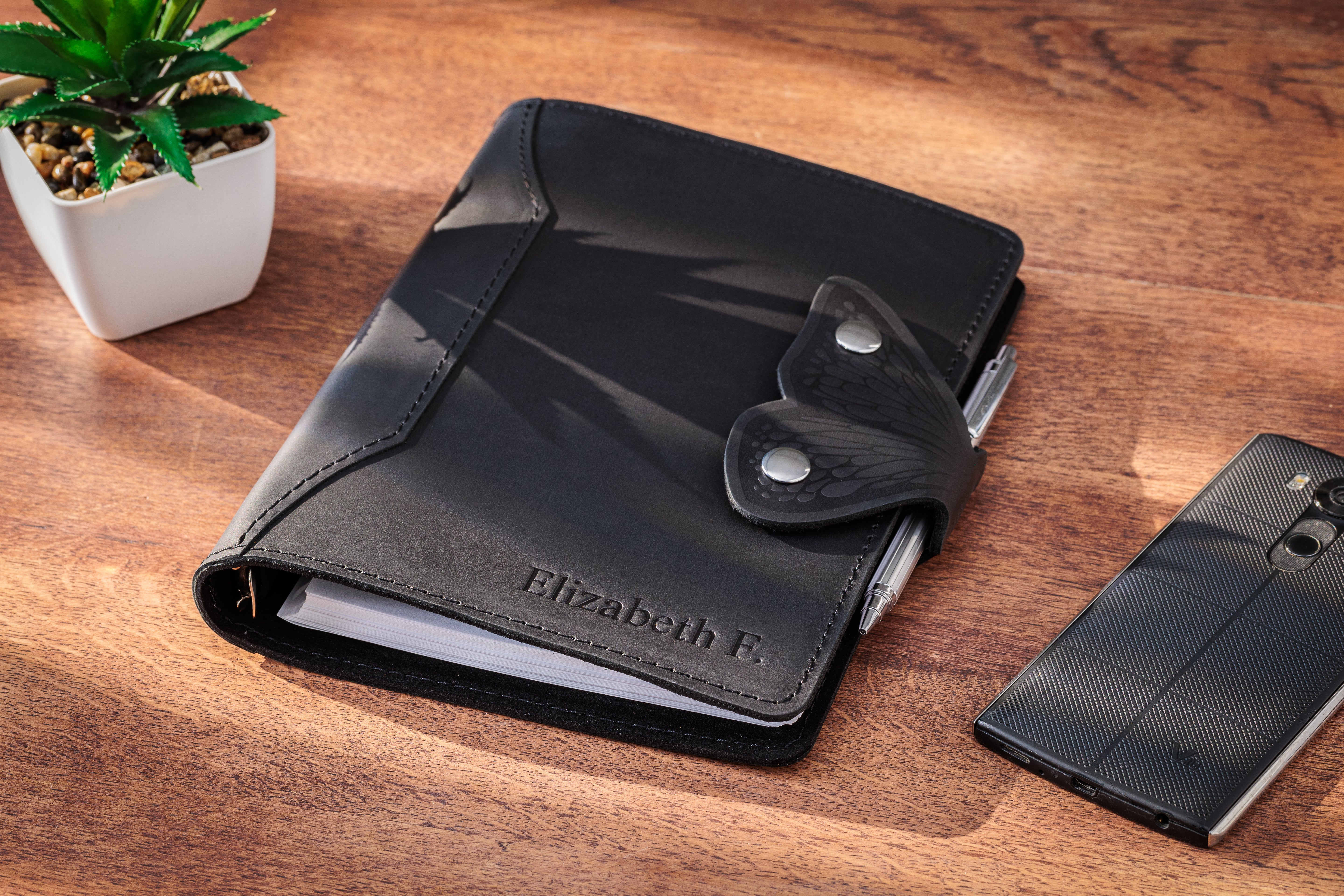 Notebook & Journal Idea: Mureli Black Leather Journal with Butterfly Wing Clasp (Custom Name)