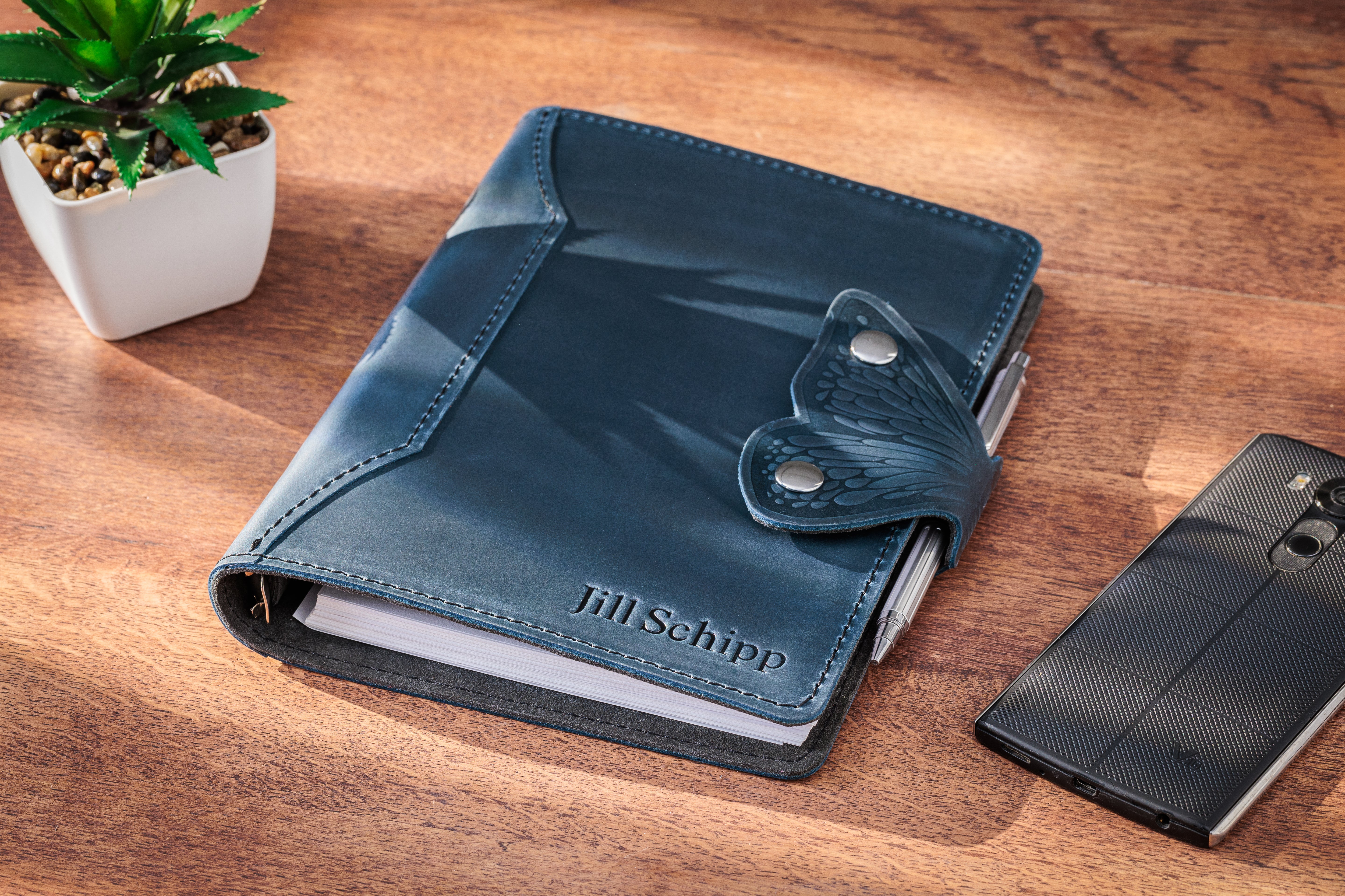 Personalized Blue Leather Journal with Pen Holder & Butterfly Clasp