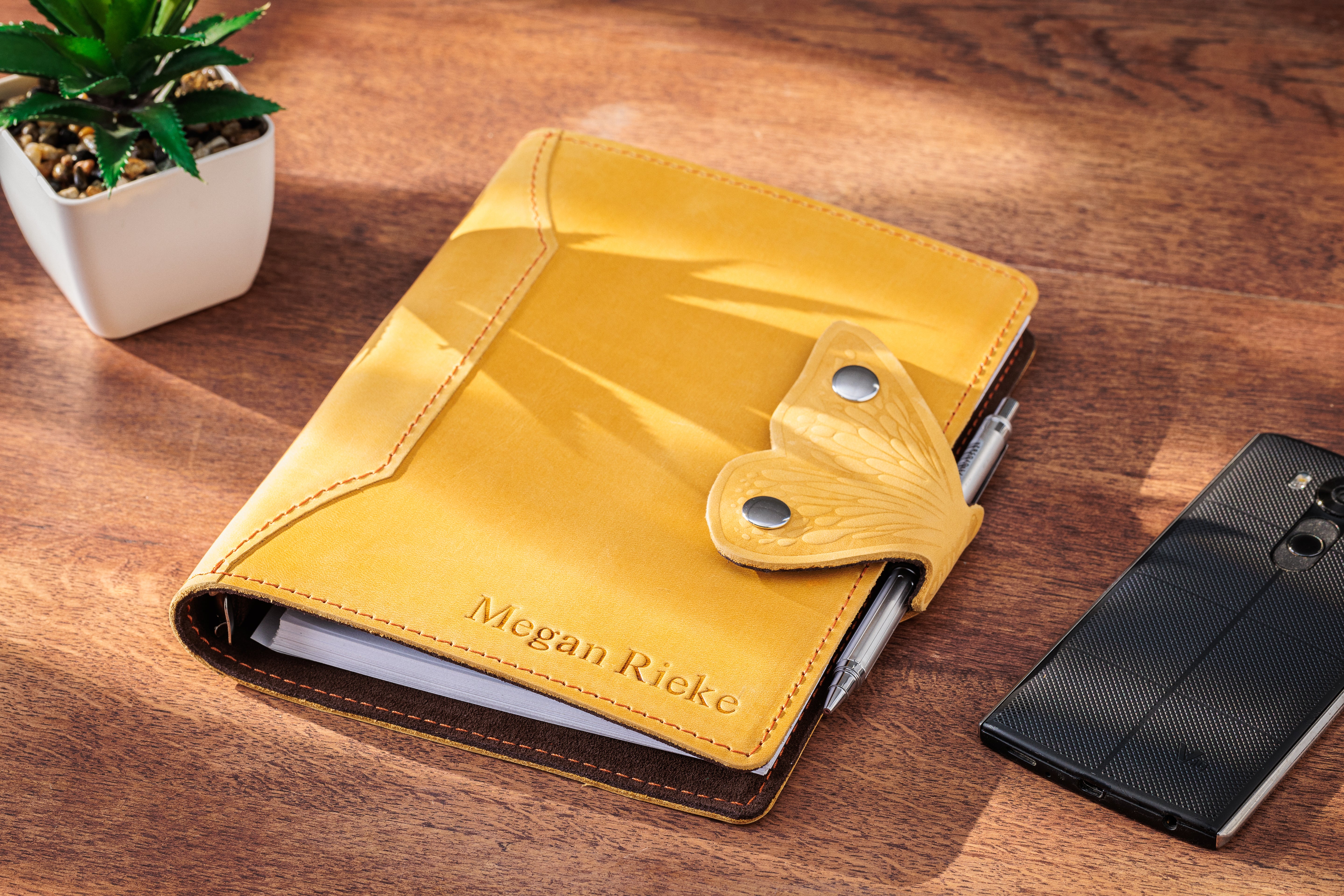 Bright Journal Idea: Yellow Leather Notebook with Butterfly Wing Clasp