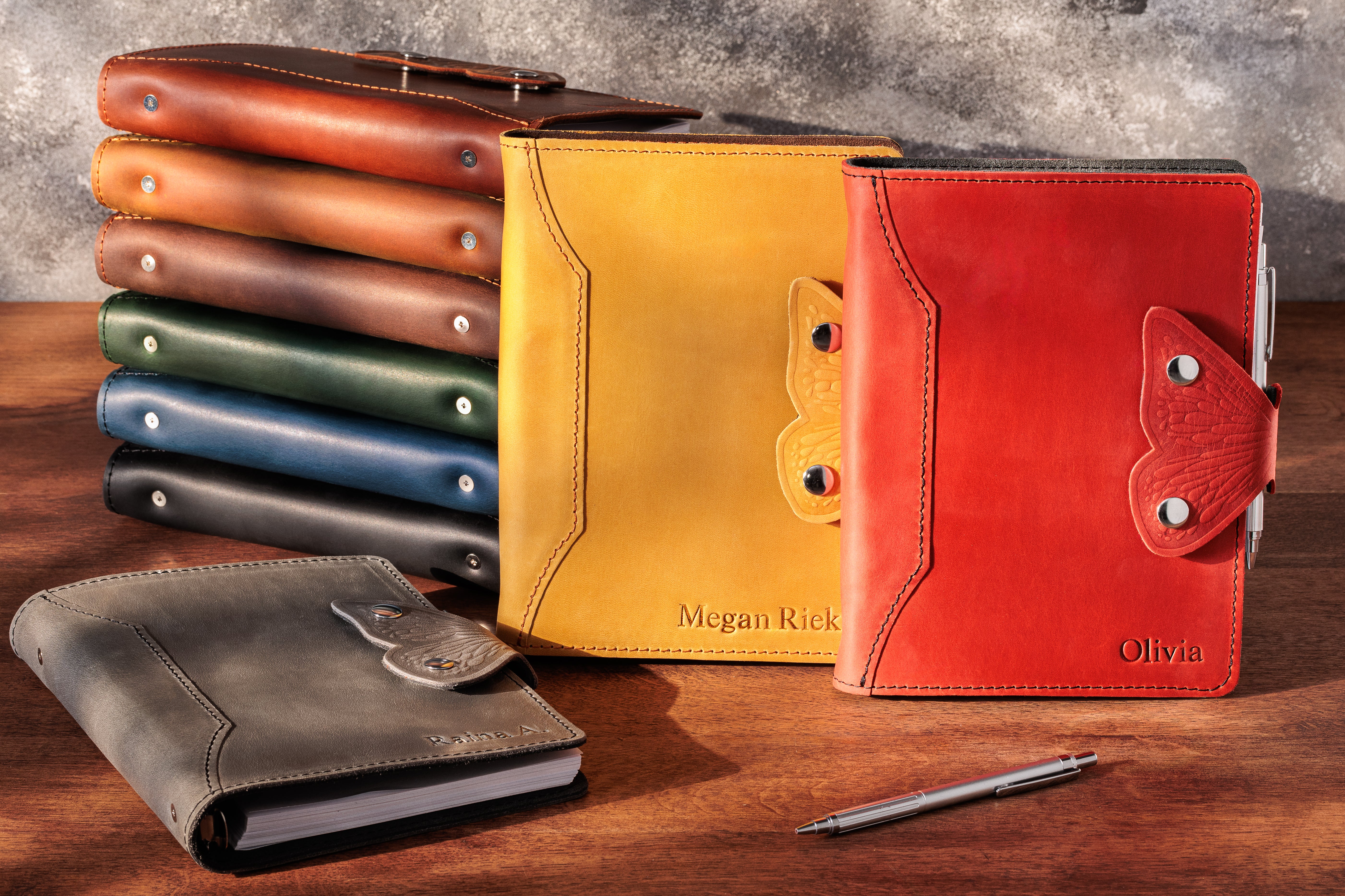 set of 9 colors Mureli Leather Planner Binder, Butterfly Wing Clasp, Refillable Rings Notebook, Personalization