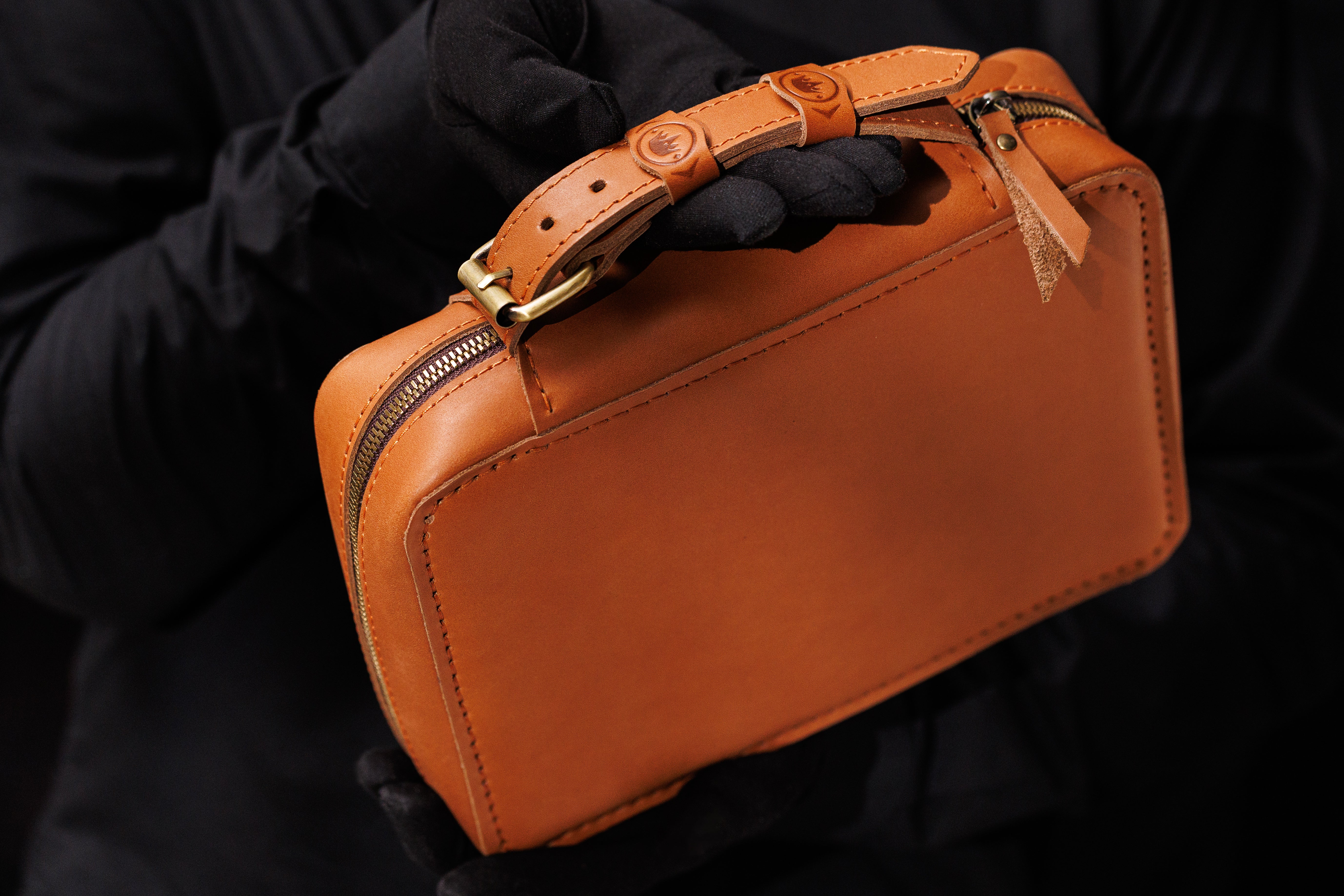 light brown Leather Travel Cigar Case in Men's Hands Model from the Secret Brotherhood Collection