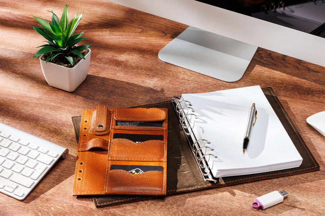 Light Brown Leather Ring Organizer – Refillable Binder Notebook