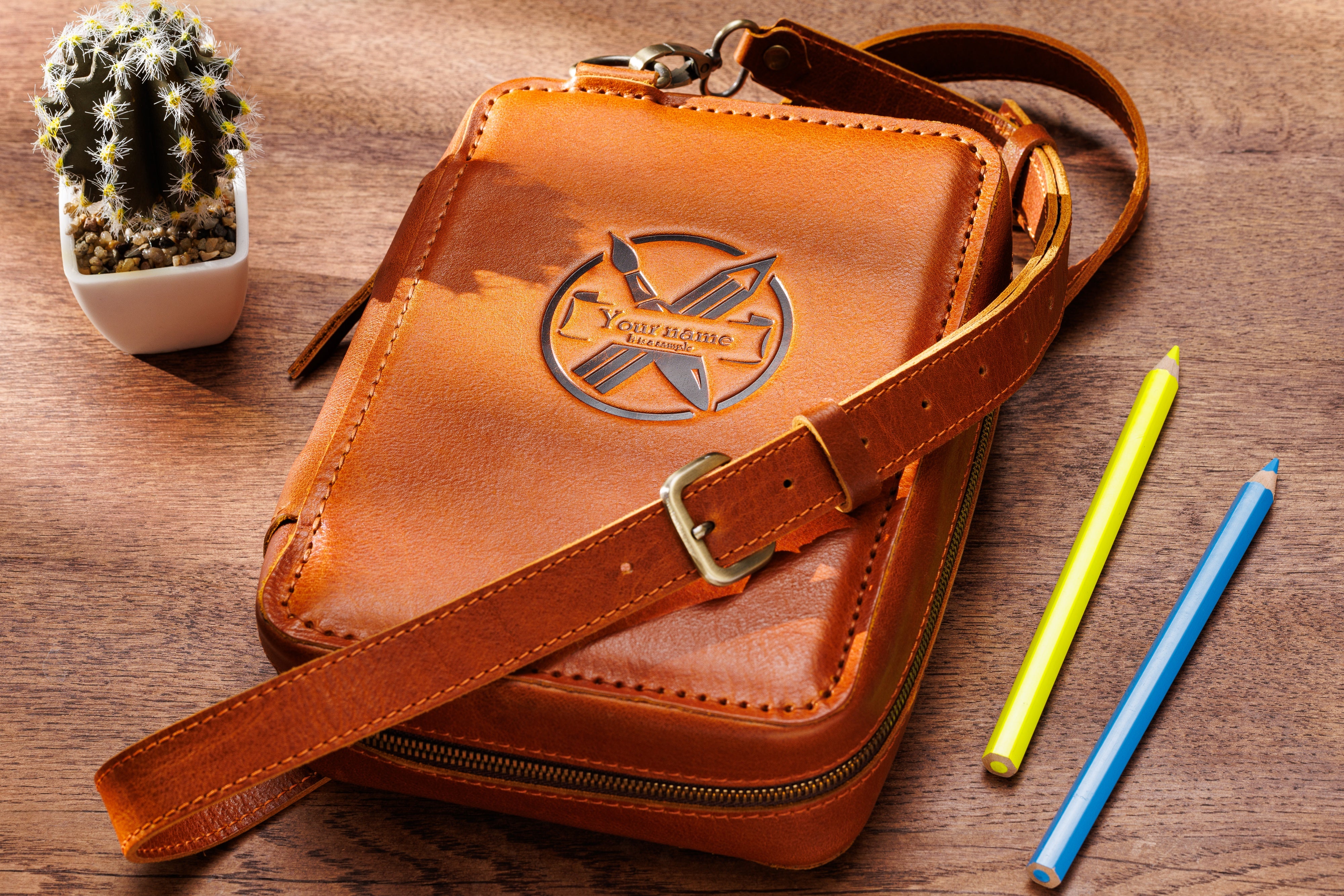 Leather artist organizer bag with strap