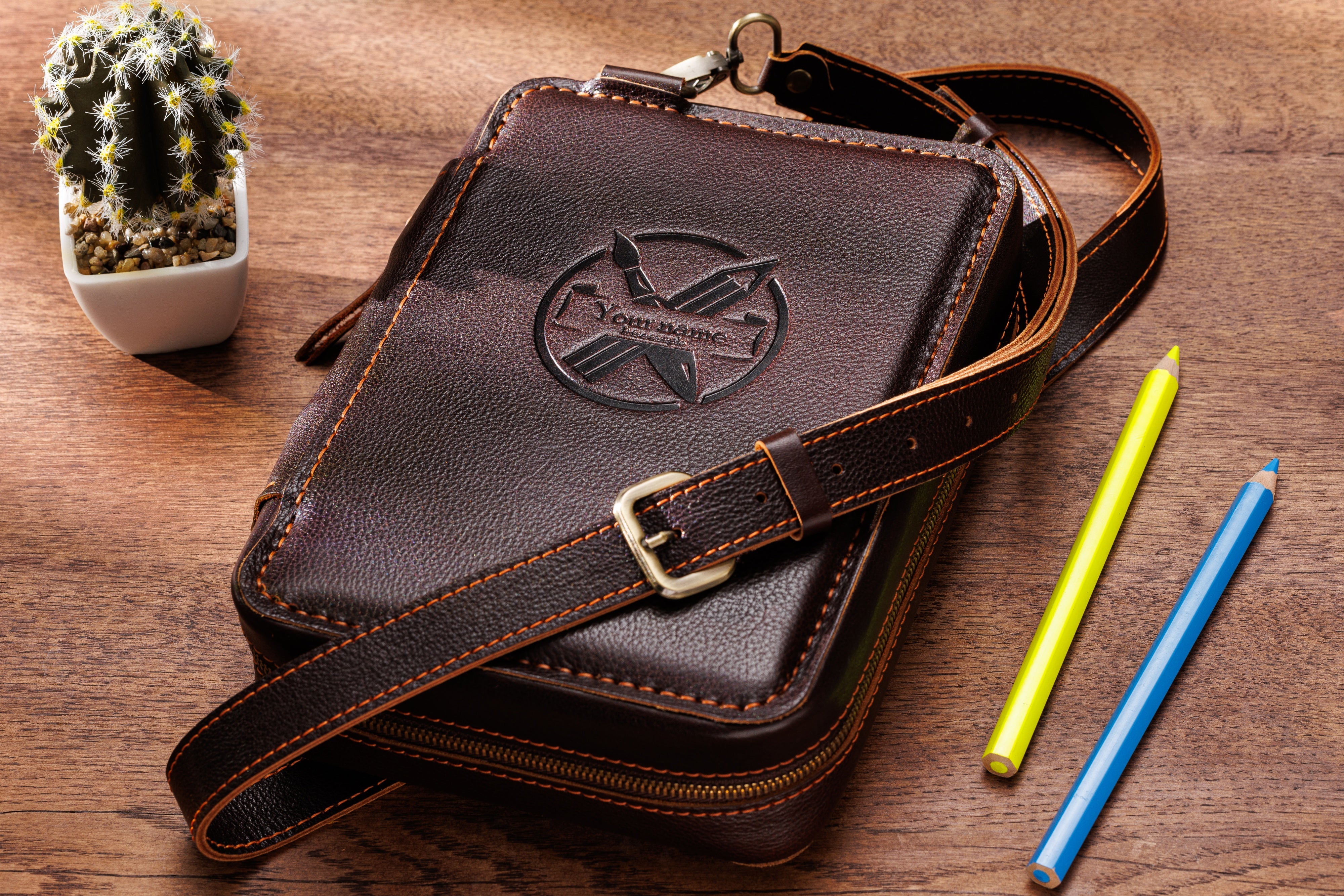 Handmade Leather Art Bag with Brush Holders | Personalized Artist
