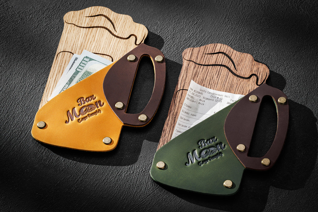 Beer mug shaped check presenter on wooden table
