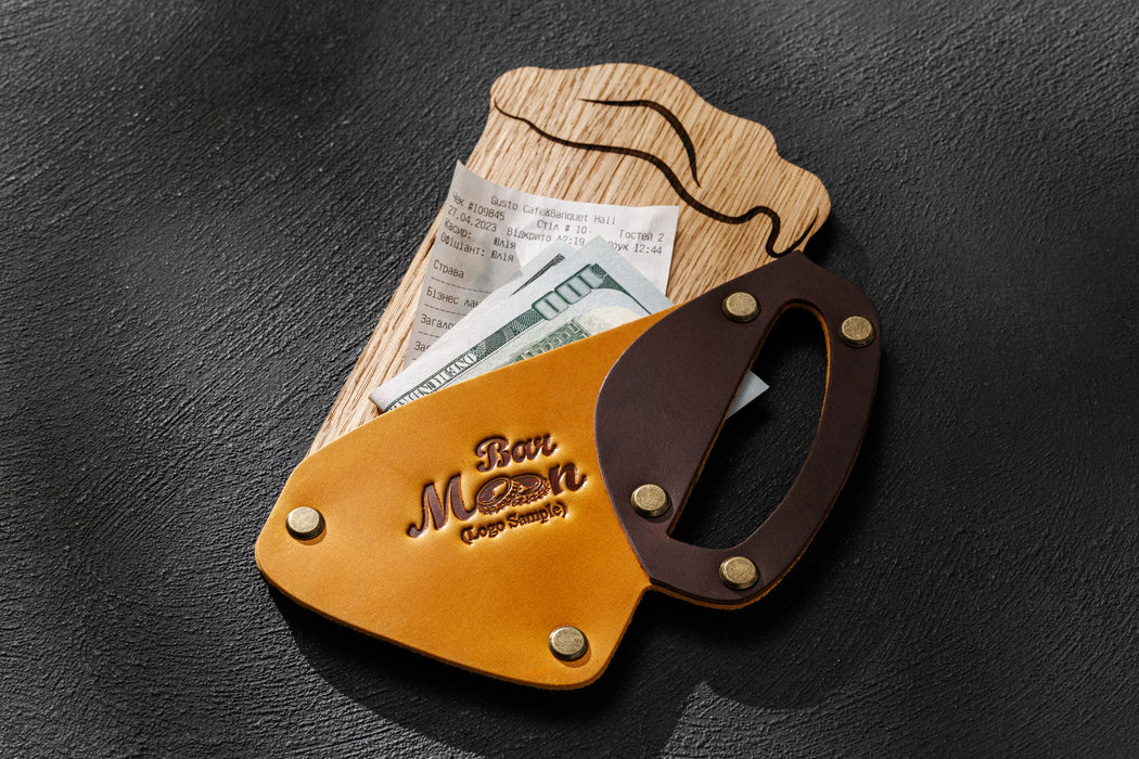 Rustic pub-style bill holder for restaurants