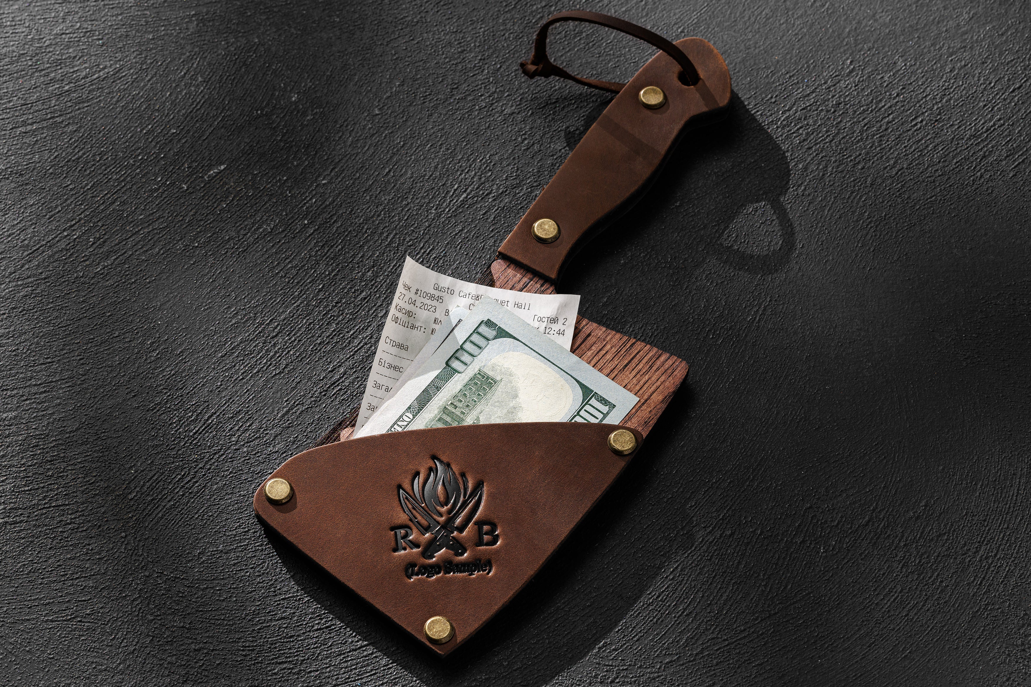 Dark leather check presenter with flame engraving