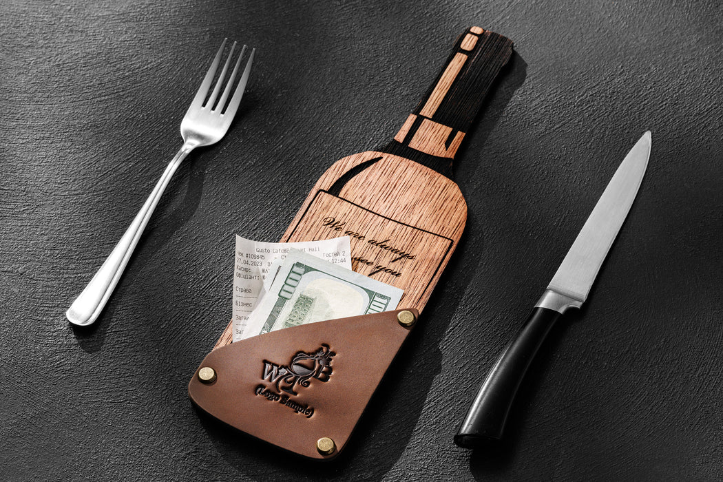 Wooden bottle bill presenter for upscale restaurant